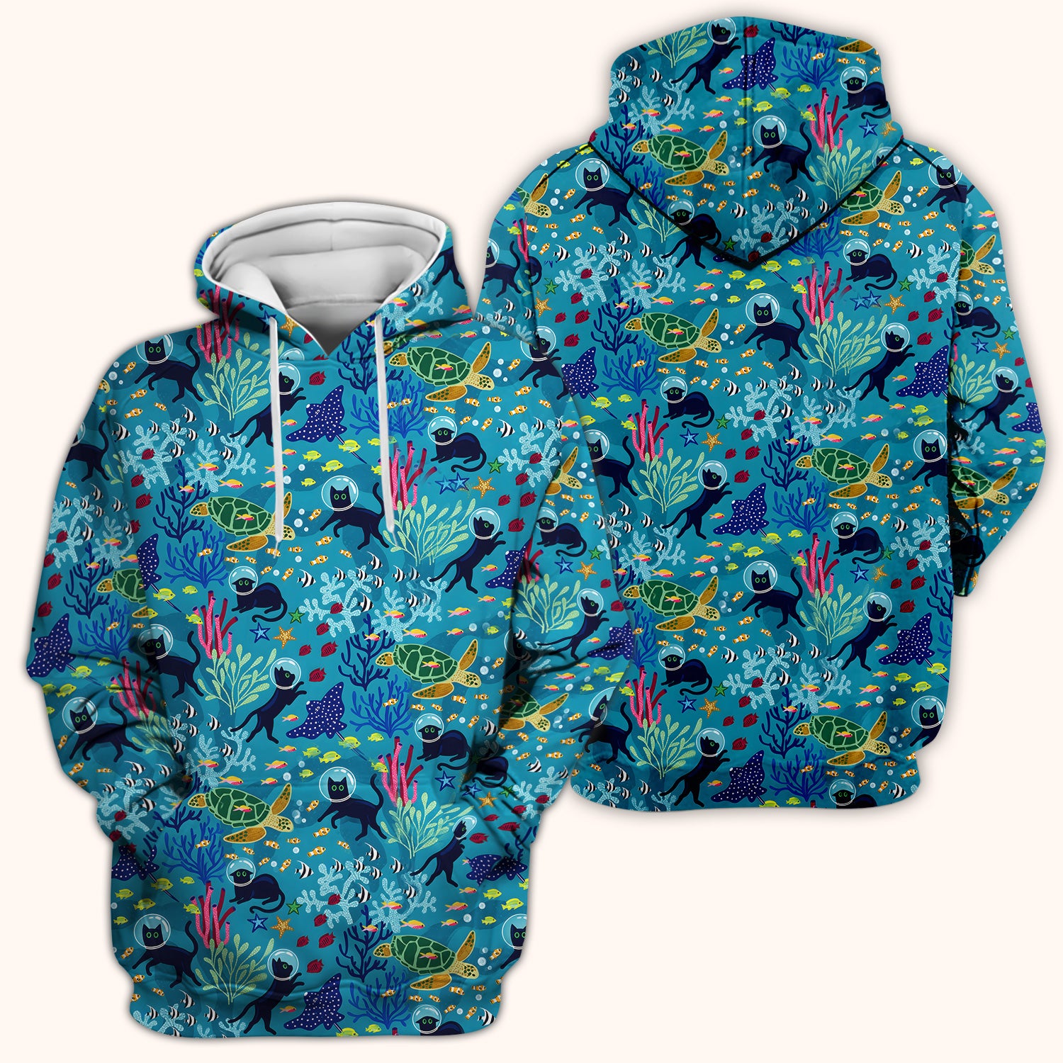 Underwater Cat Turtle Veterinary Pattern Scrub Top for RN, CNA, Ocean Medical Uniform