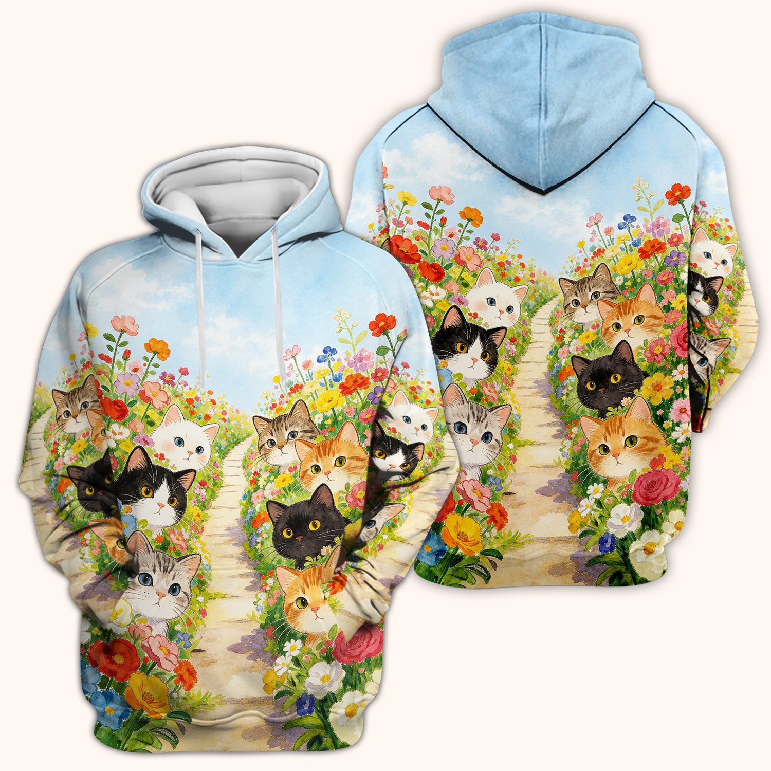 Cute Garden Cats Flower Path Pattern Scrub Top, Comfortable Scrubs for Nurses