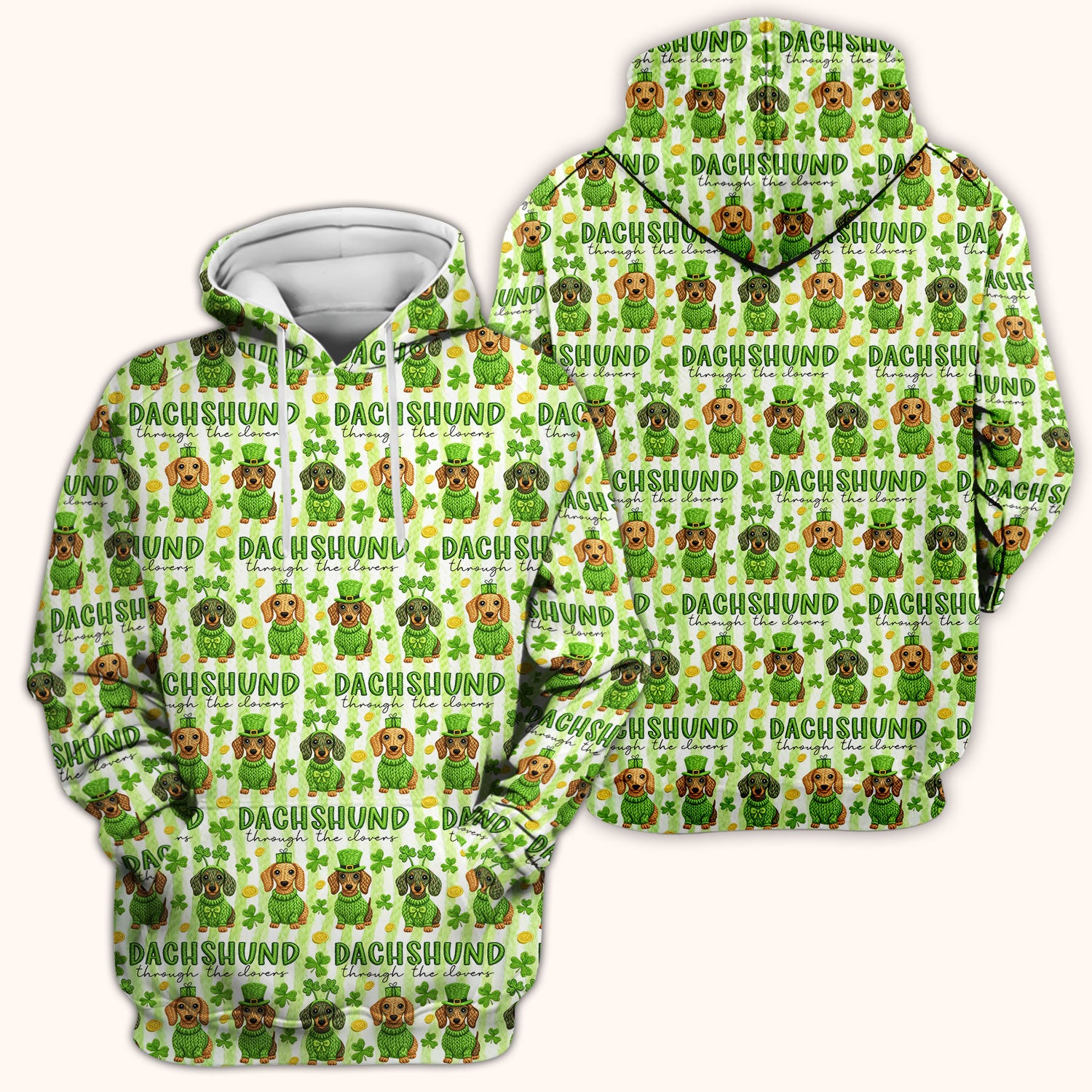 Wiener Dog St. Patrick’s Day Scrub Top, Shamrock Dachshund Pattern Nurse Shirt, Breathable Fabrics Nursing Uniform