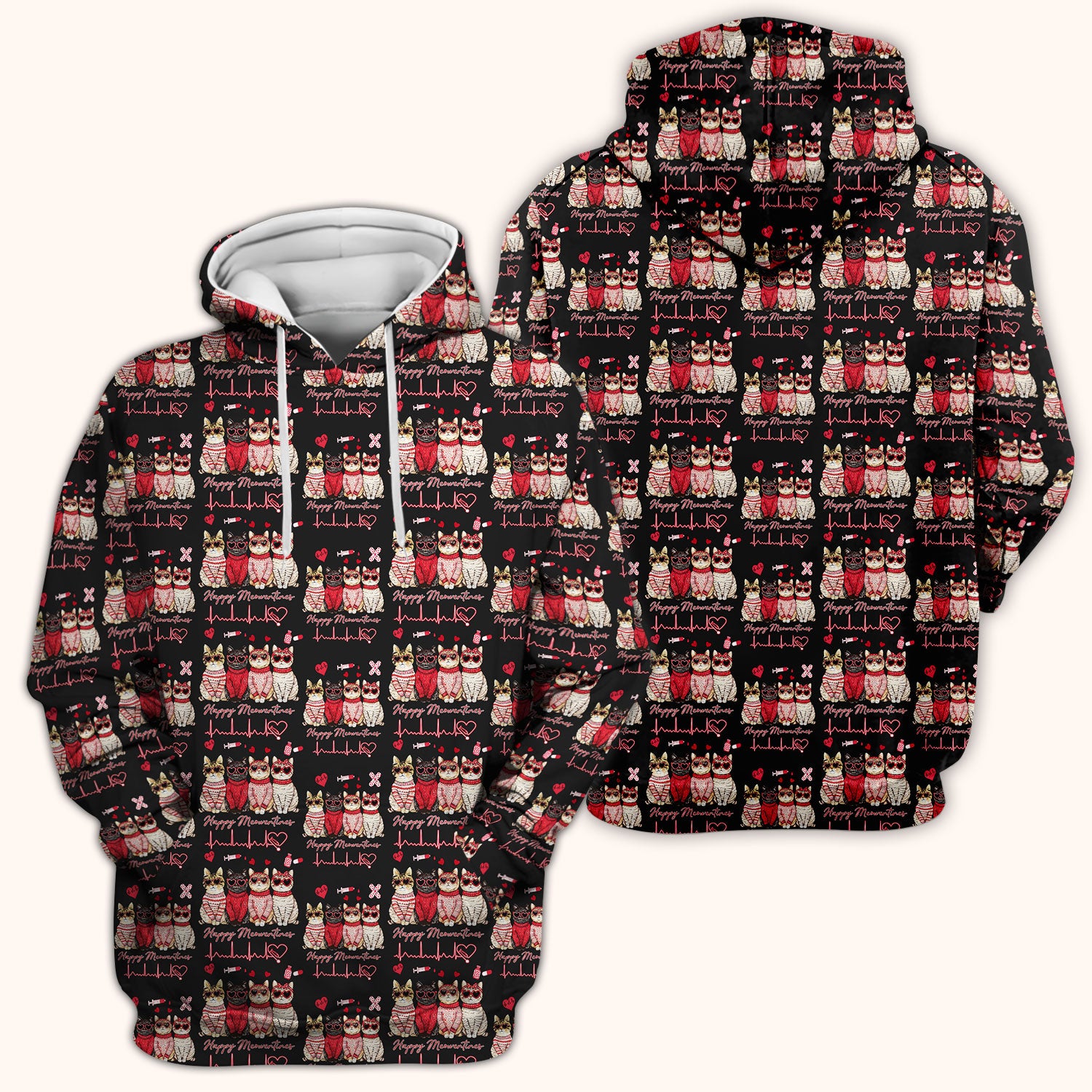 Happy Meowtines Cat Pattern Scrub Top, Valentine Cat Lover Nurse Scrub Shirt, Heartbeat Medical Pattern Nursing Uniform