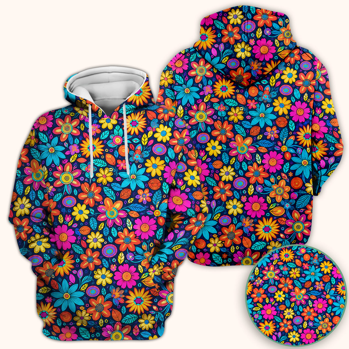 Vibrant Retro Floral Doodle Pattern Scrub Top, Comfortable Scrubs for Nurses