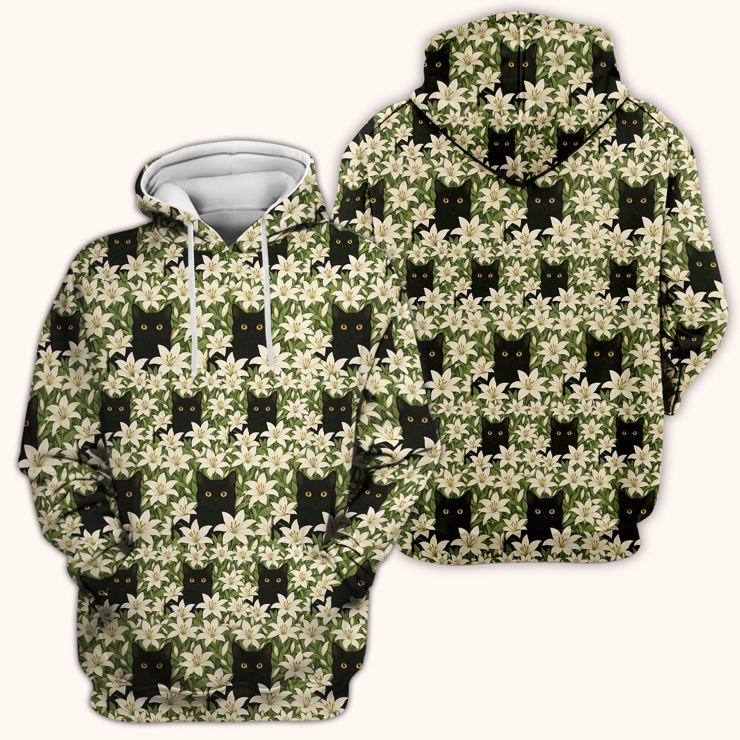 Black Cat Hidden In Lily Garden Pattern Scrub Top, Comfortable Scrubs for Nurses