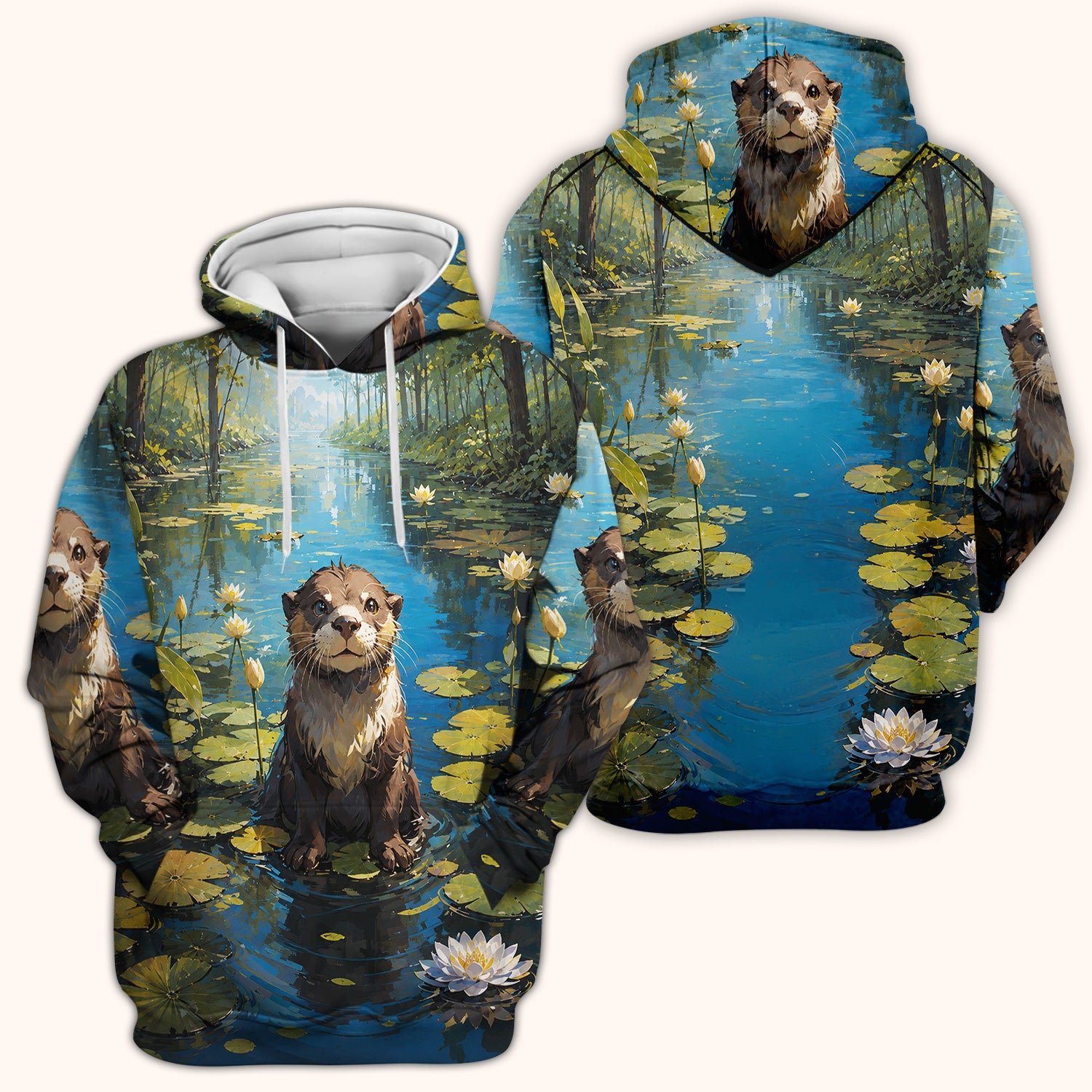 Cute Otter Pond Pattern Scrub Top, Comfortable Scrubs for Nurses