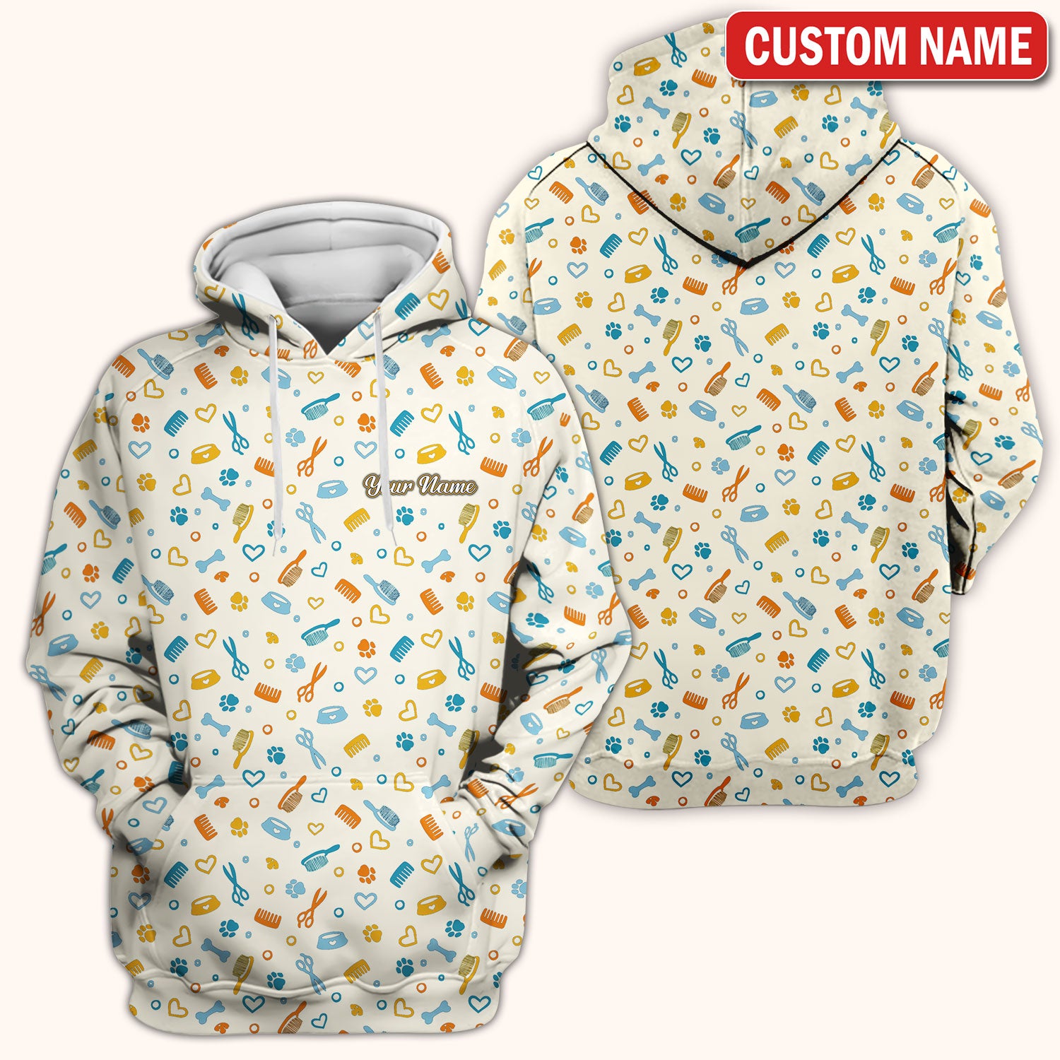 Custom Name Dog Cat Grooming Pattern Scrub Top, Breathable Fabrics Nursing Uniform