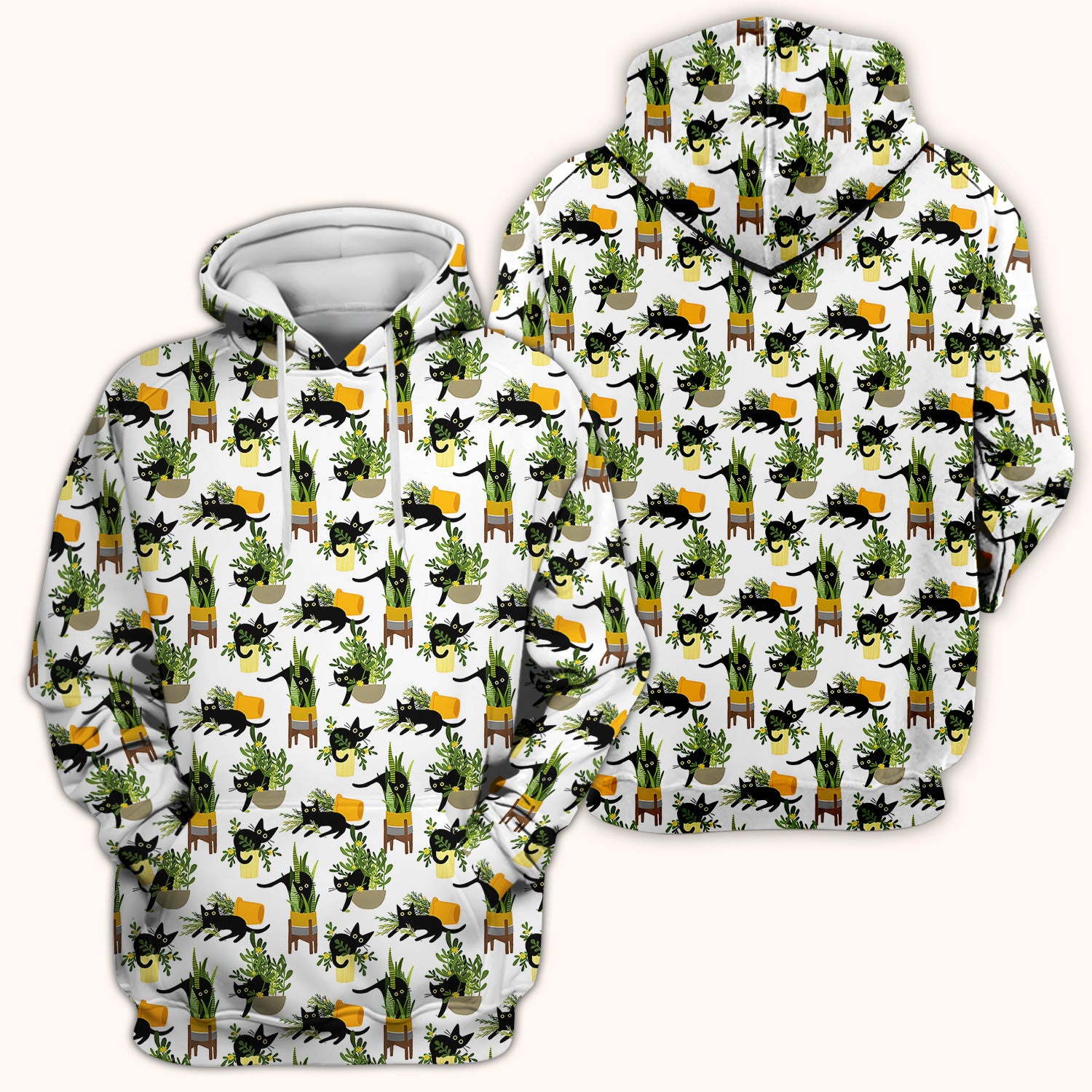 Black Cat Plant Pots Pattern Scrub Top, Comfortable Scrubs for Nurses