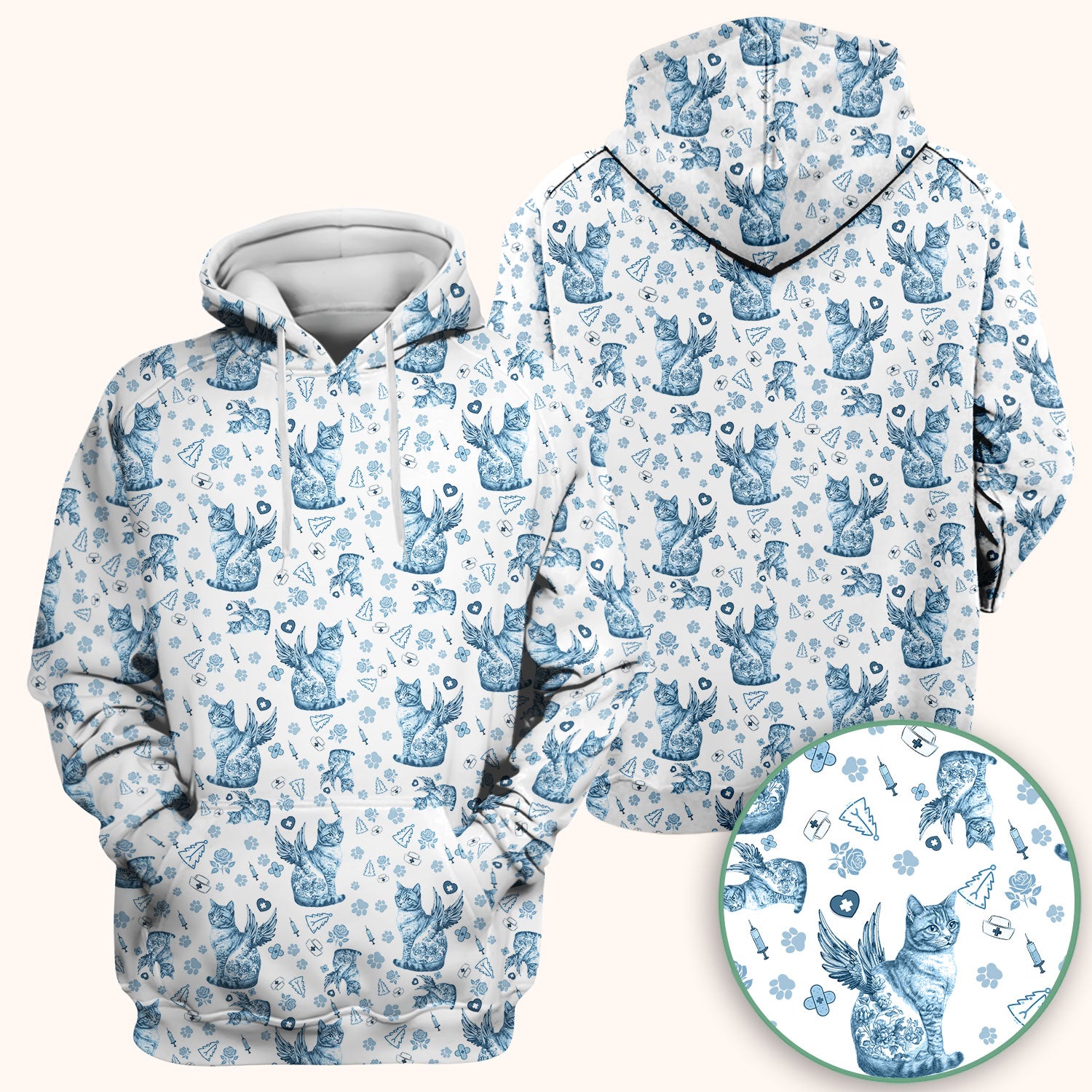 Toile de Jouy Cat Angel Scrub Top - Blue Vintage Nurse Shirt - French Style Medical Uniform for Women RN LPN CNA Gift