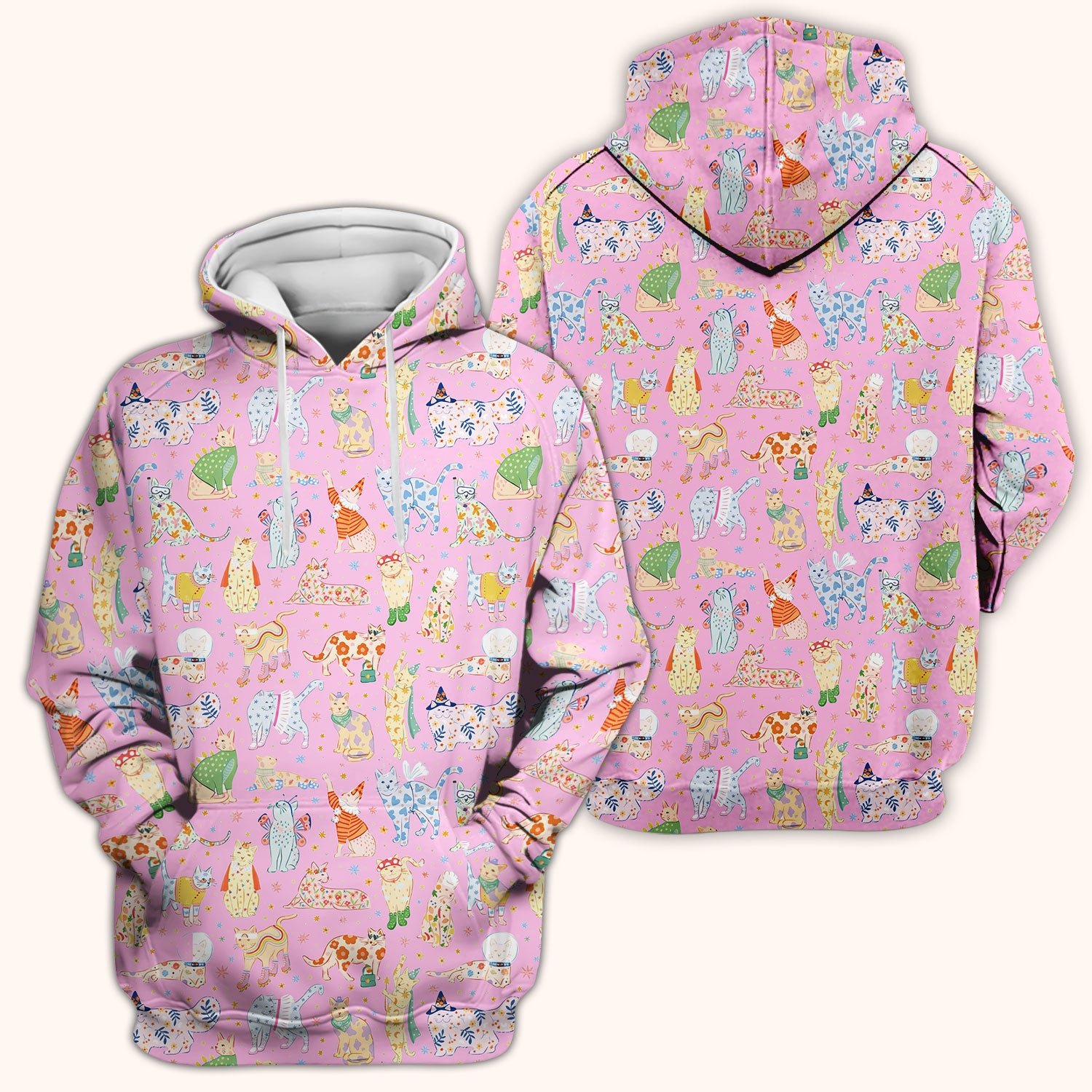 Colorful Pastel Cartoon Cats Print Scrub Top, Breathable Fabrics Nursing Uniform