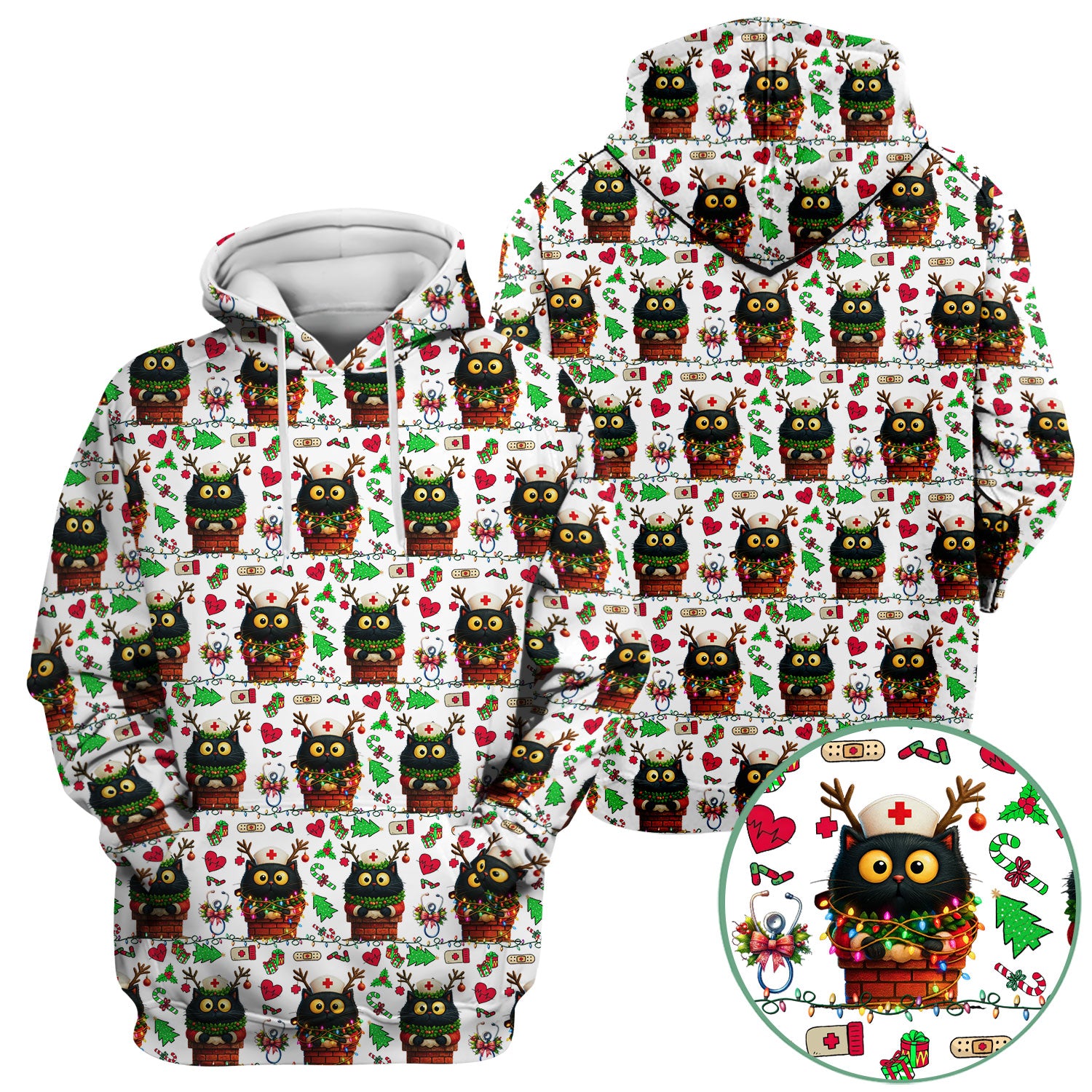 Christmas Black Cat Scrub Top for Nurse - Cute Reindeer Cat with Xmas Lights - Festive Holiday Medical Uniform for Women
