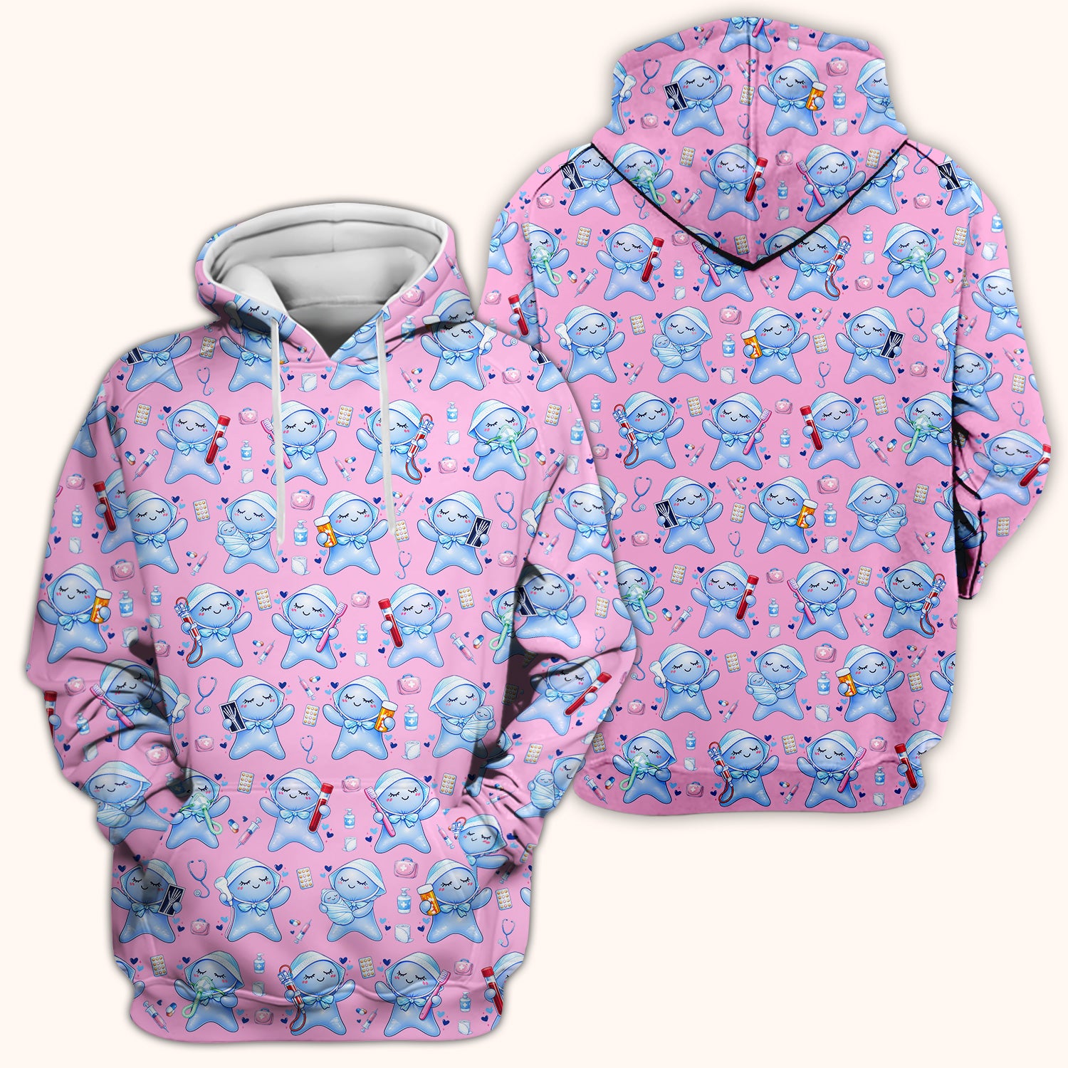 Cute Tooth Character Dental Tools Caring Pattern Scrub Top, Breathable Fabrics Nursing Uniform