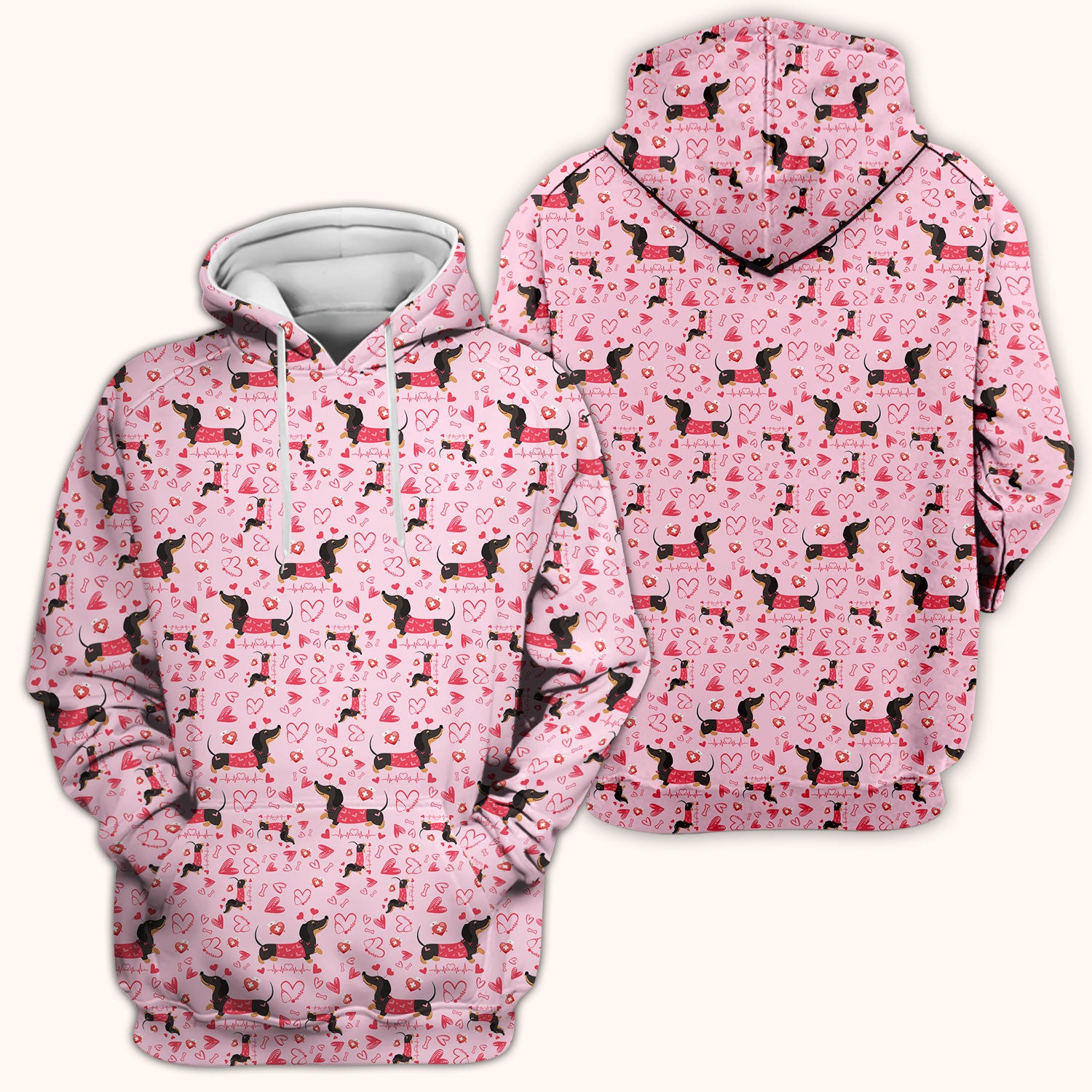 Dachshund Valentine Scrub Top, Cute Wiener Dog Heart Pattern Nurse Shirt, Breathable Fabrics Nursing Uniform