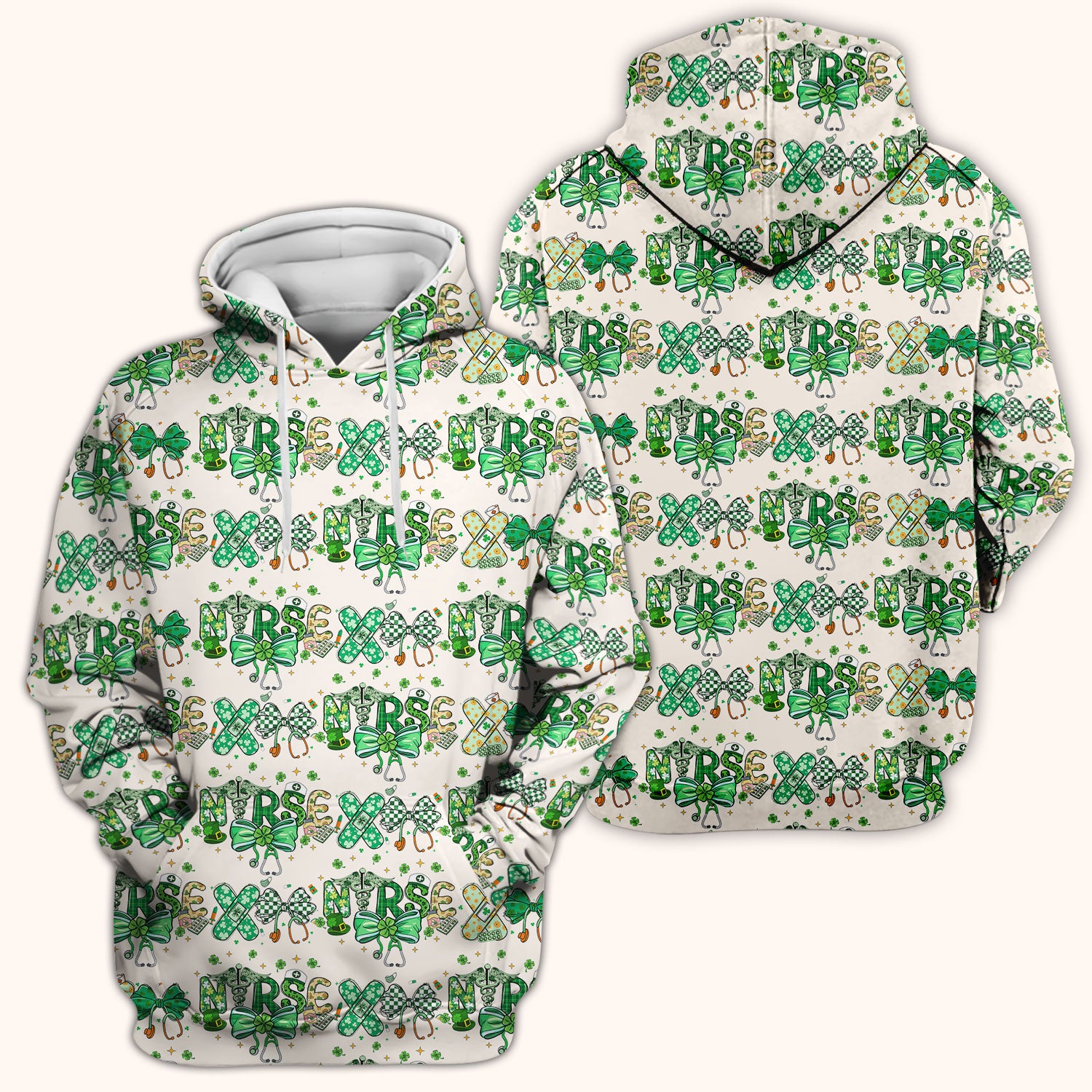 St. Patrick’s Nurse Scrub Top, Lucky Clover And Green Bow Pattern Nurse Shirt, Breathable Fabrics Nursing Uniform