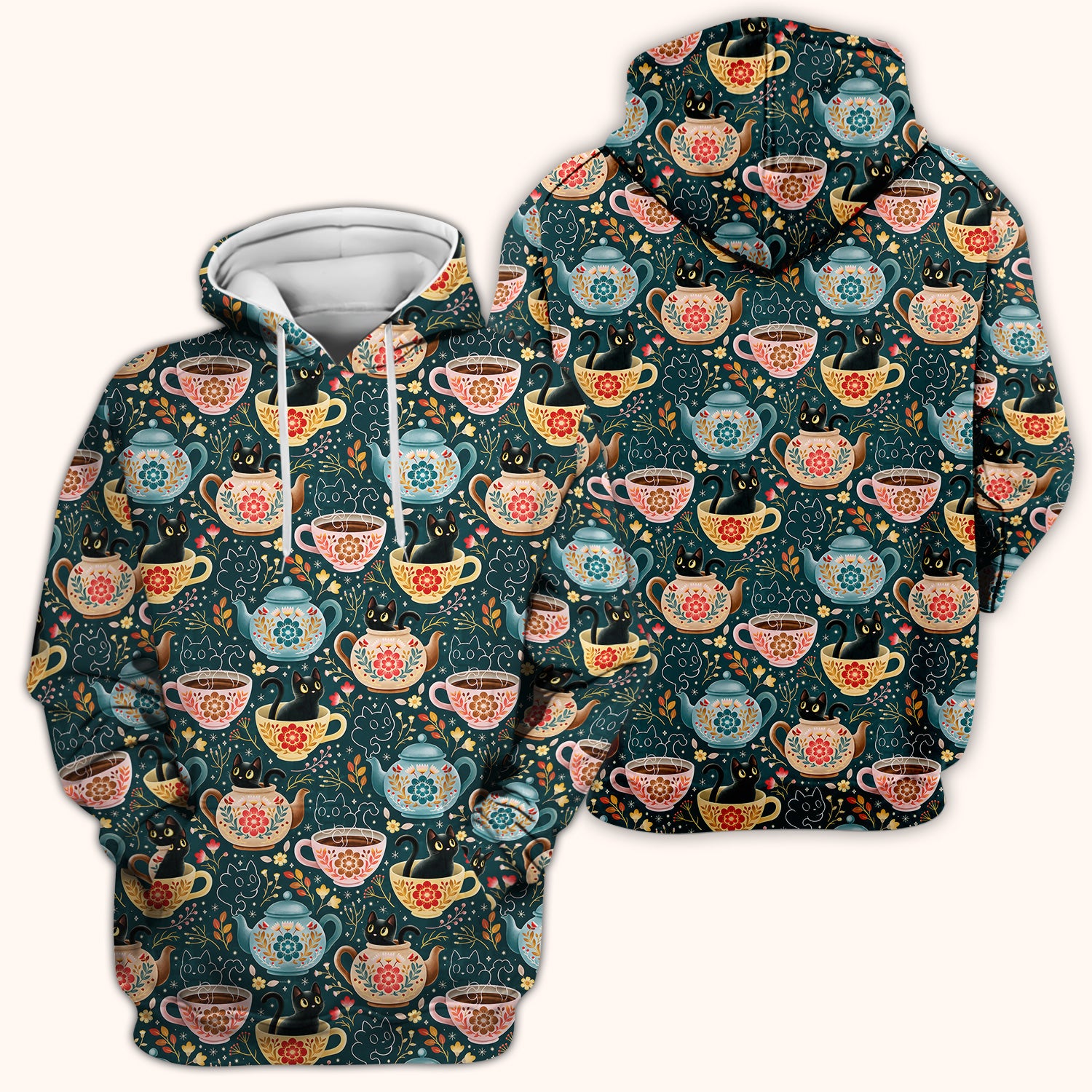 Black Cat Tea Party Veterinary Pattern Scrub Top, Comfortable Scrubs for Nurses