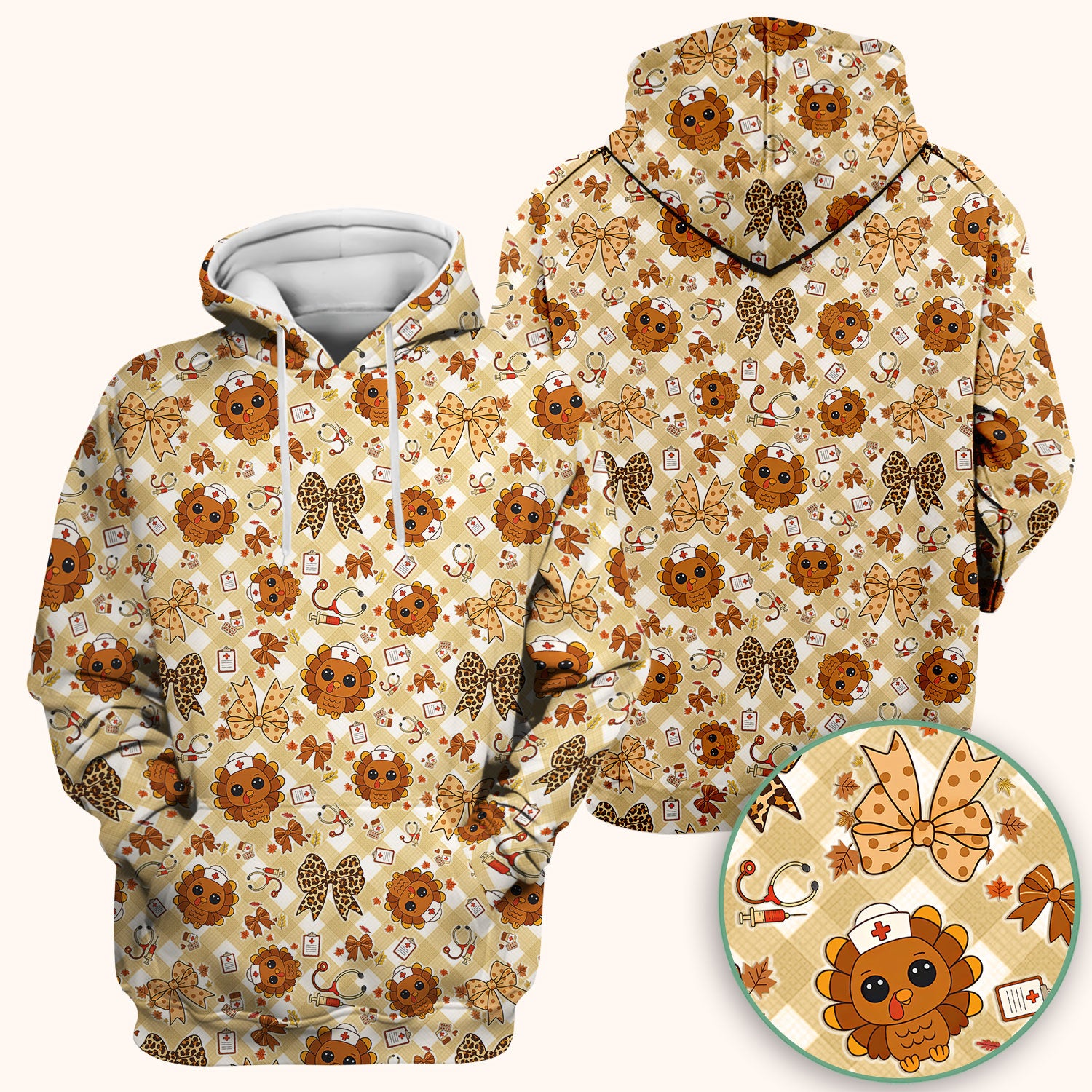 Thanksgiving Turkey Scrub Top for Nurses - Cute Fall Leaves and Bow Shirt - Funny Autumn Nursing Gift for Women RN LPN CNA