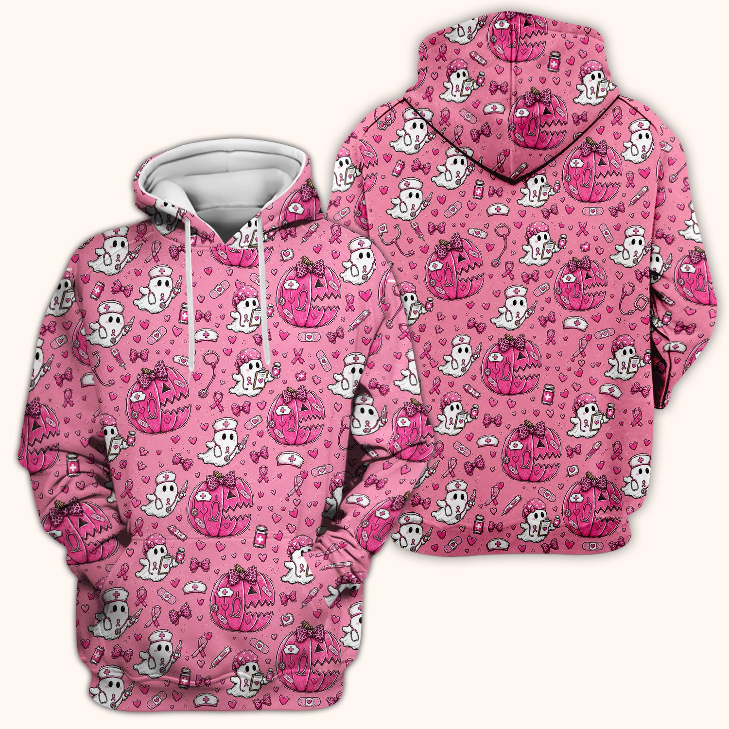 Pink Ribbon Ghost Pattern Scrub Top, Comfortable Scrubs for Nurses