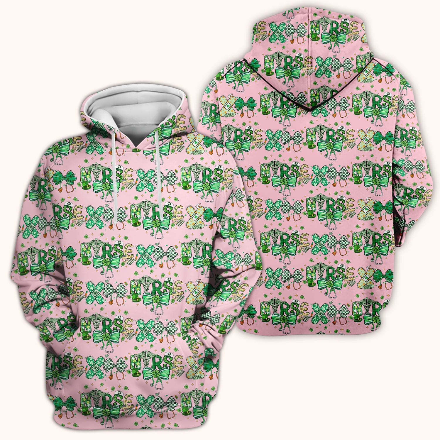 St. Patrick’s Nurse Scrub Top, Lucky Clover And Green Bow Pattern Nurse Shirt, Breathable Fabrics Nursing Uniform