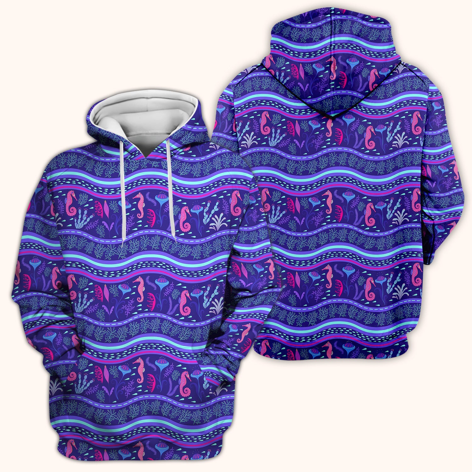 Purple Seahorse Ocean Pattern Scrub Top, Comfortable Scrubs for Nurses
