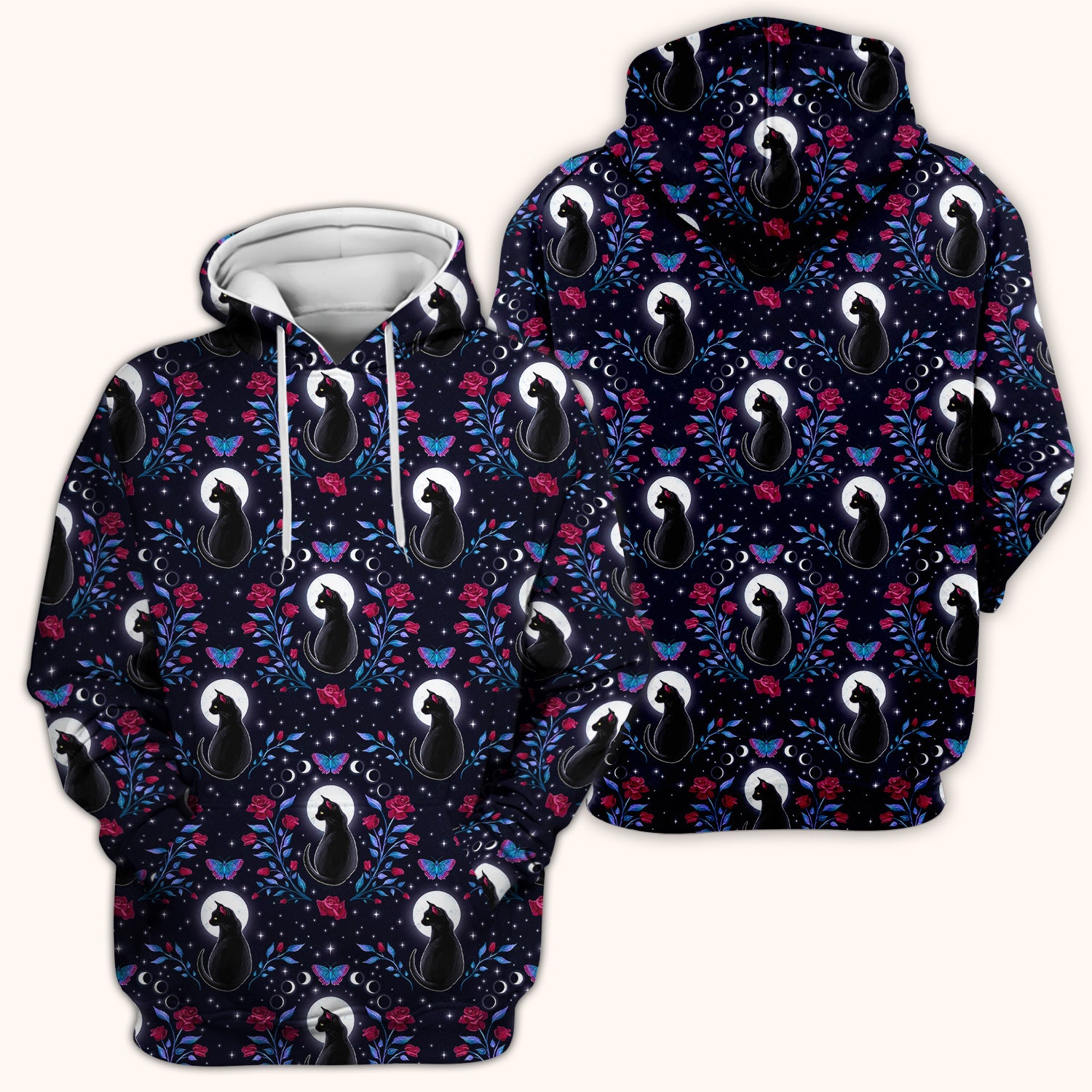 Black Cat Moon Rose Print Scrub Top, Comfortable Scrubs for Nurses