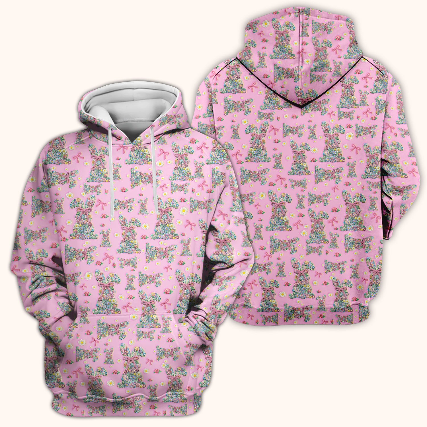 Colorful Floral Bunny with Pink Bow Pattern Scrub Top, Breathable Fabrics Nursing Uniform, Easter