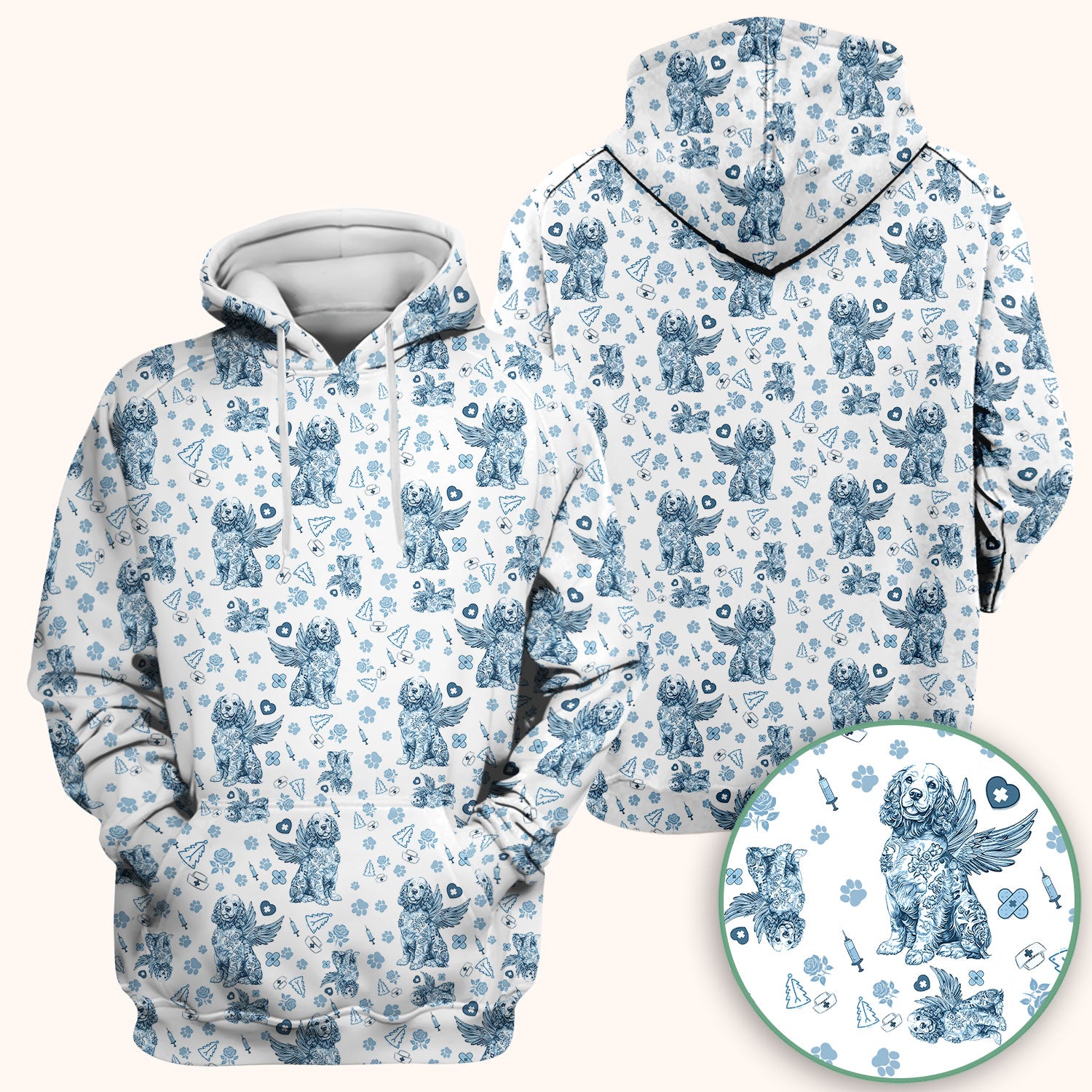 Toile De Jouy Scrubs for Nurses - Angel Puppy Medical Uniform - Floral Dog in Heaven Gift for Women, Vet Techs, RN CNA LPN
