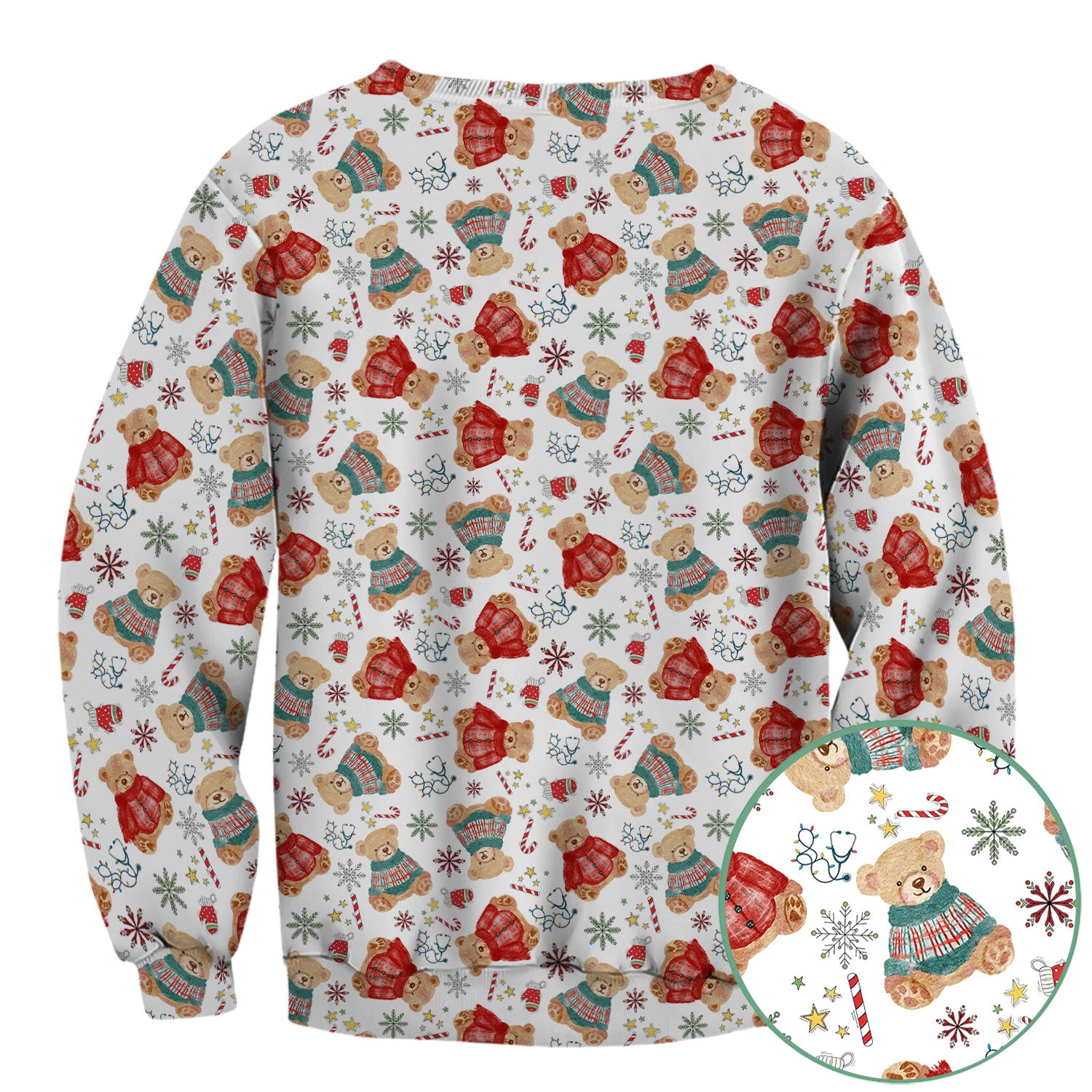 Funny Christmas Scrub Shirt - Cute Bear Winter Print Scrubs - Holiday Medical Scrub Top Gift for Women, Men, CNA RN, Doctor Nurse Christmas Outfit