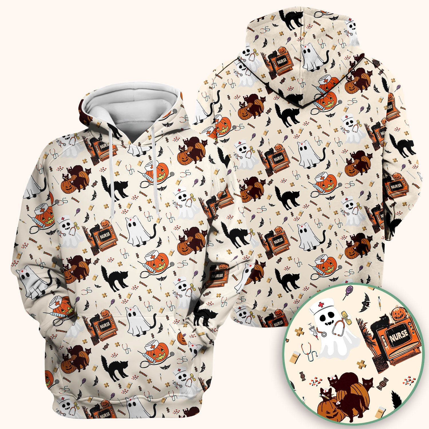 Halloween Scrub Top for Nurse - Cute Pumpkin Ghost Cat Medical Shirt - Spooky Scrubs for Women RN CNA LPN