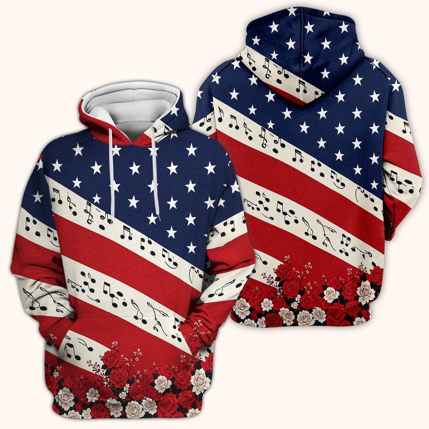 Patriotic Music Notes Nurse Scrub Top for RN, CNA, Healthcare Workers, Floral USA Uniform Scrub Top, Comfortable Scrubs for Nurses