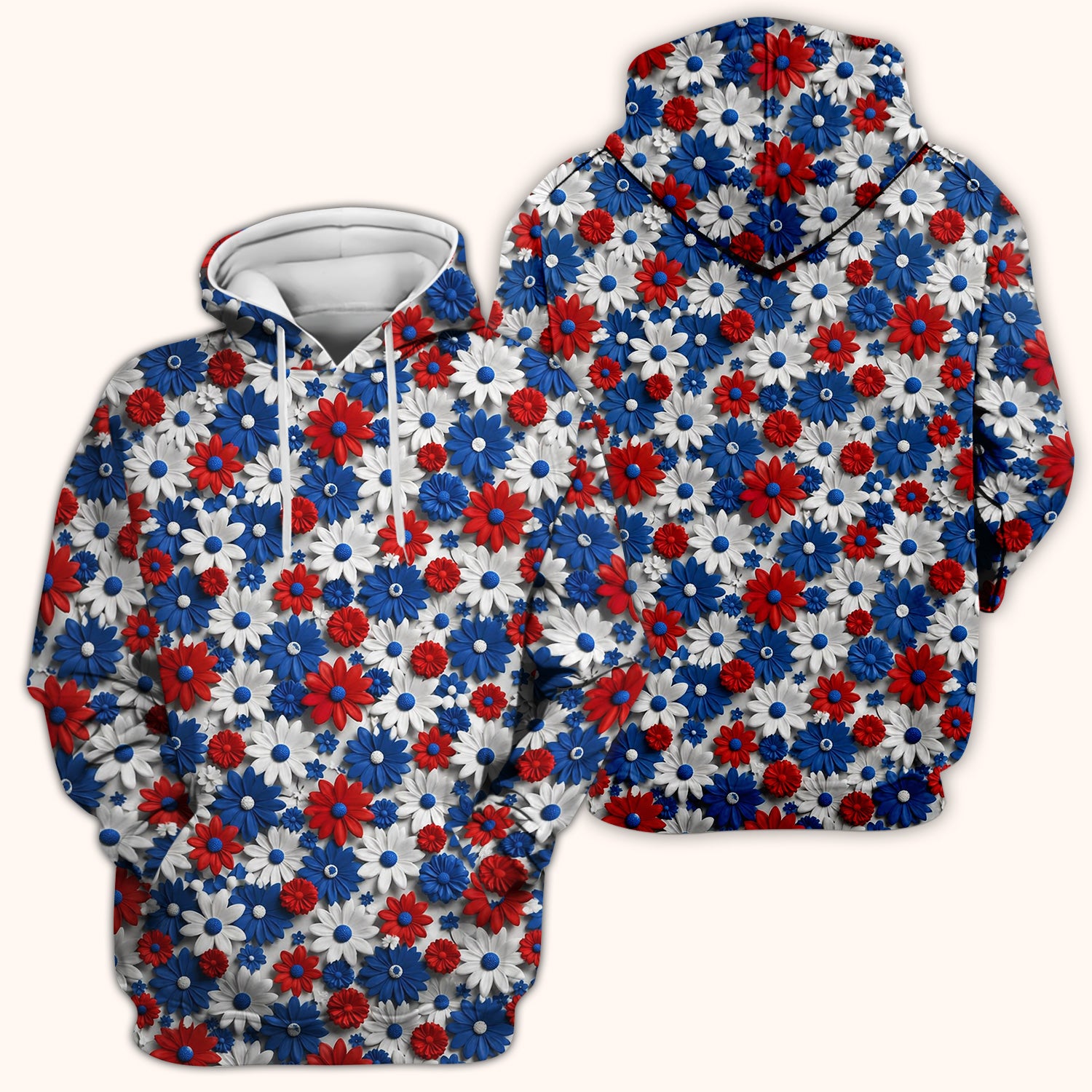 Patriotic Red Blue Daisy Floral Pattern Scrub Top, Comfortable Scrubs for Nurses
