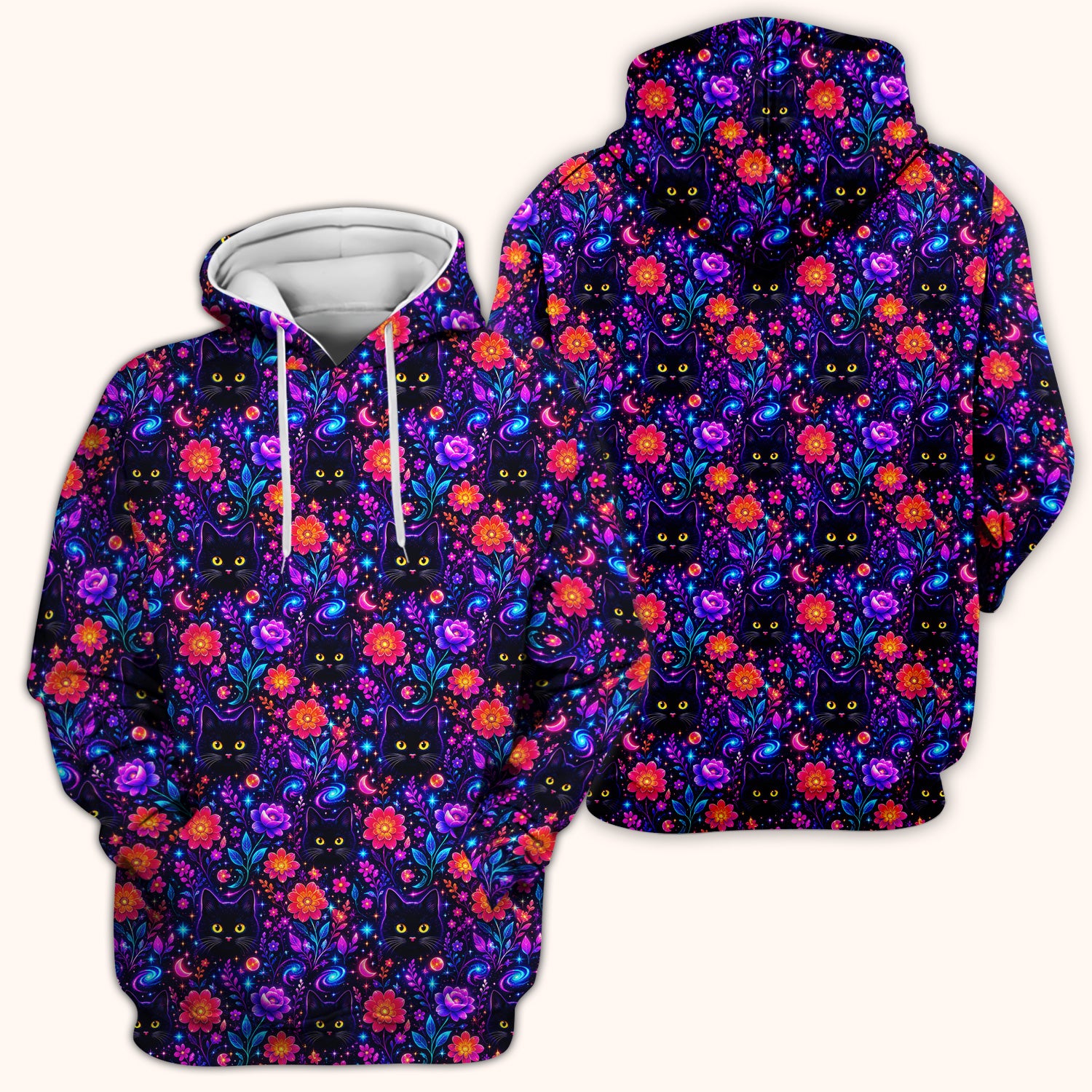 Galaxy Black Cat Floral Pattern Scrub Top, Comfortable Scrubs for Nurses