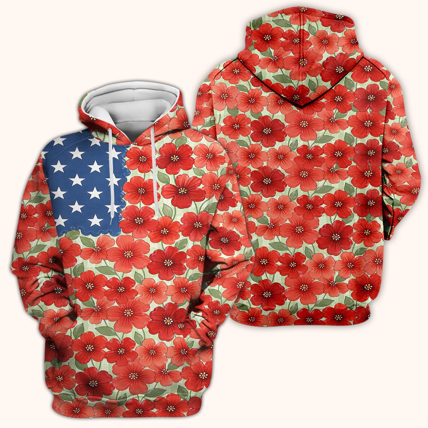 Patriotic USA Flag With Red Floral Blossom Pattern Scrub Top, Comfortable Scrubs for Nurses