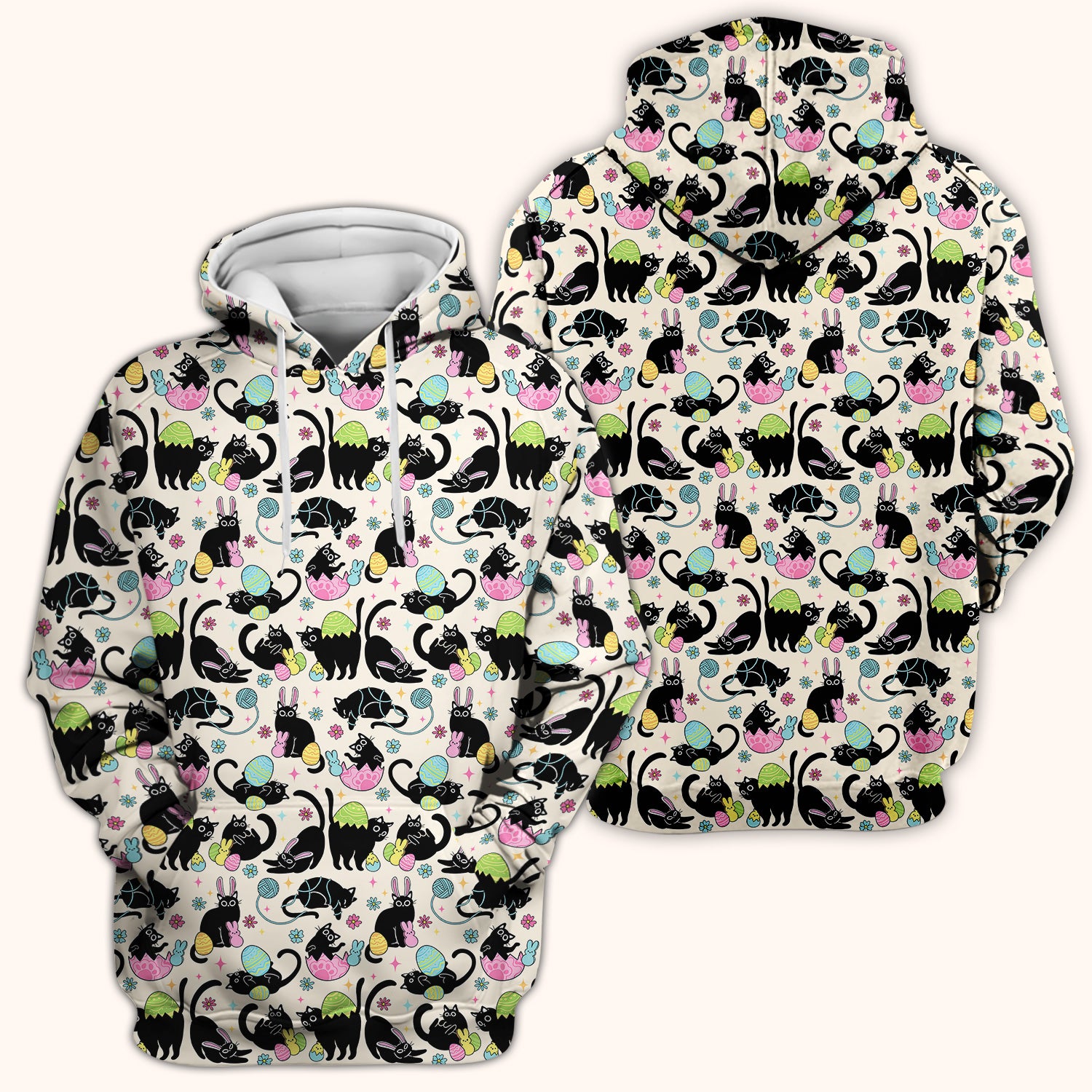 Funny Easter Black Cat Egg Pattern Scrub Top, Breathable Fabrics Nursing Uniform