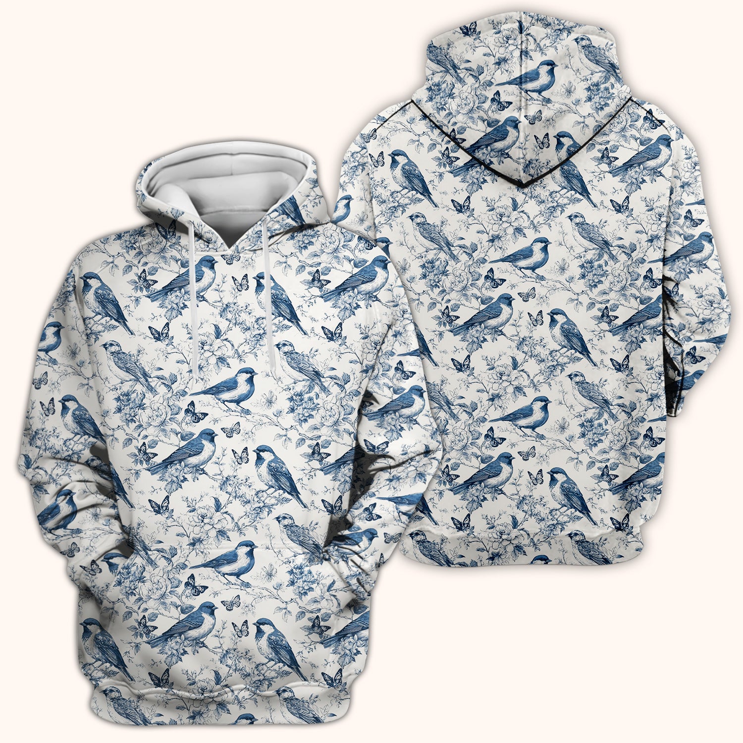 Blue Toile Songbird With Butterfly Print Scrub Top, Comfortable Scrubs for Nurses