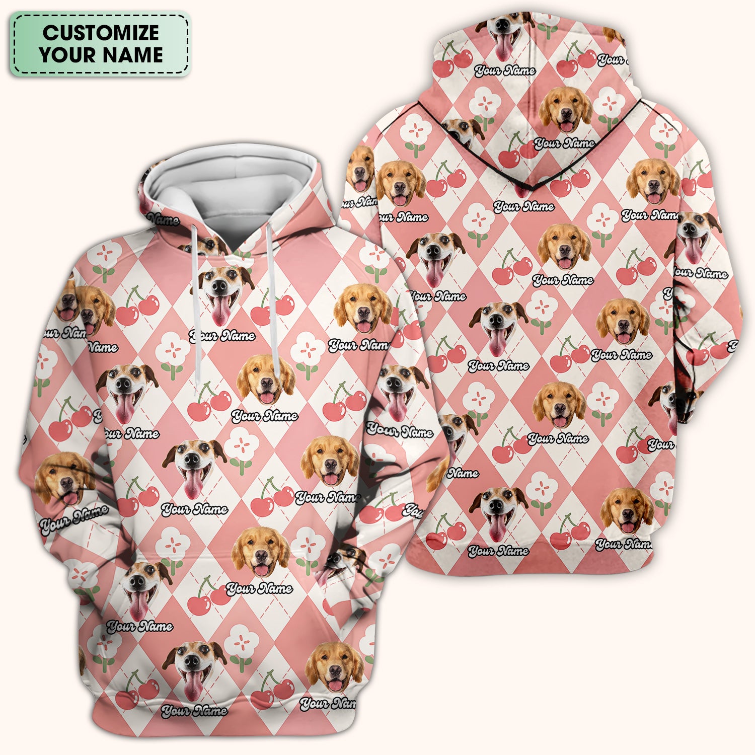 Custom Dog Face Scrub Top, Playful Dog Cherry Argyle Pattern Shirt, Comfortable Scrubs for Nurses