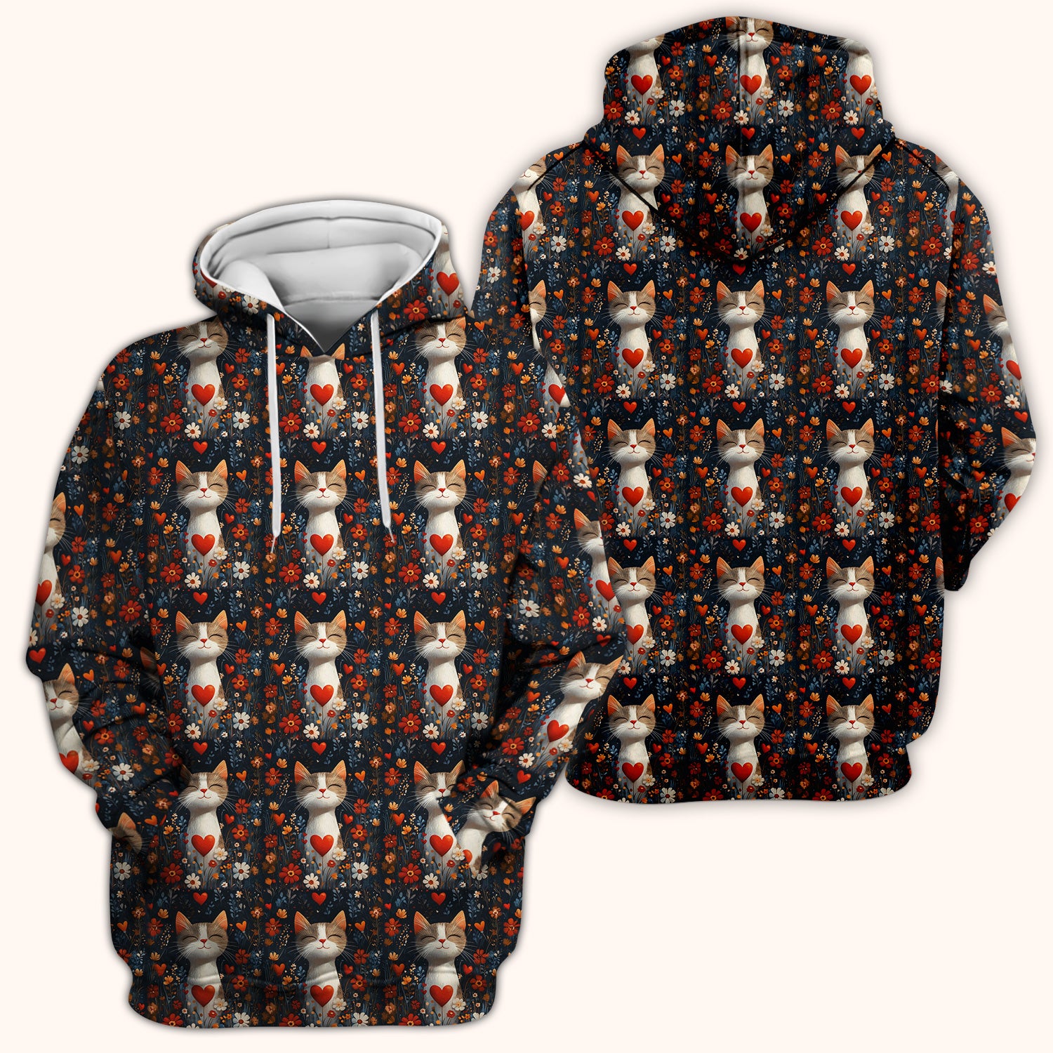 Cat Heart Floral Garden Pattern Scrub Top, Breathable Fabrics Nursing Uniform