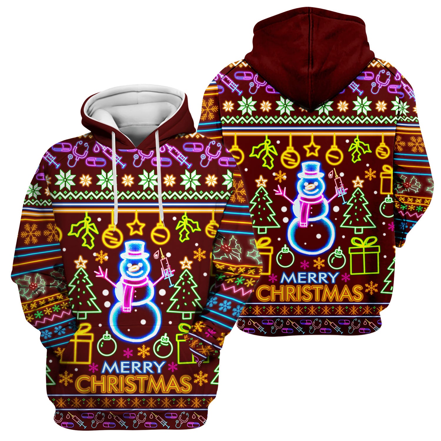 Neon Snowman Christmas Scrub Top for Nurses - Merry Christmas Holiday Lights Pattern - Funny Festive Medical Uniform for RN LPN CNA