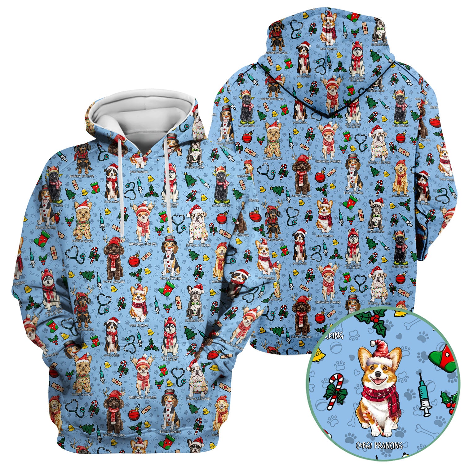 Christmas Dog Scrubs for Nurses – Dachshund, Husky, Poodle, Corgi & Labrador Holiday Scrub Top – Funny Santa Pattern Medical Shirt