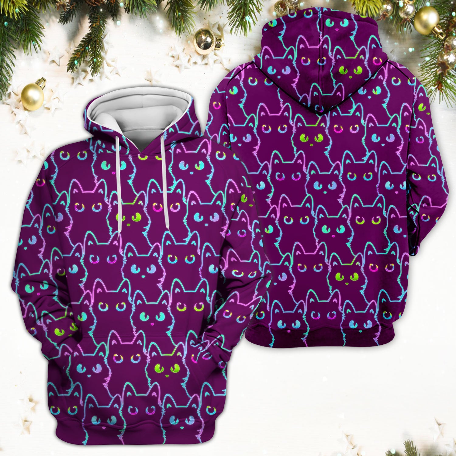 Neon Cat Pattern Scrub Top, Black Cat Scrub Shirt, Breathable Fabrics Nursing Uniform