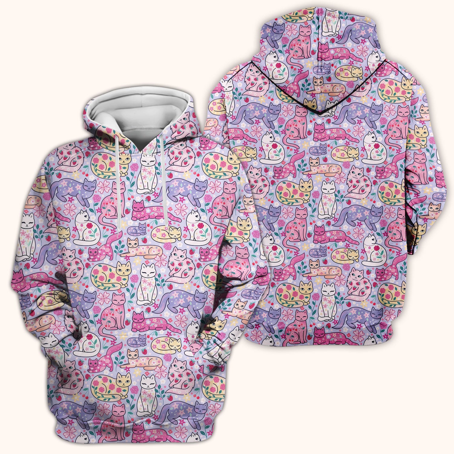 Funny Colorful Pastel Cats Floral Strawberry Print Scrub Top, Breathable Fabrics Nursing Uniform