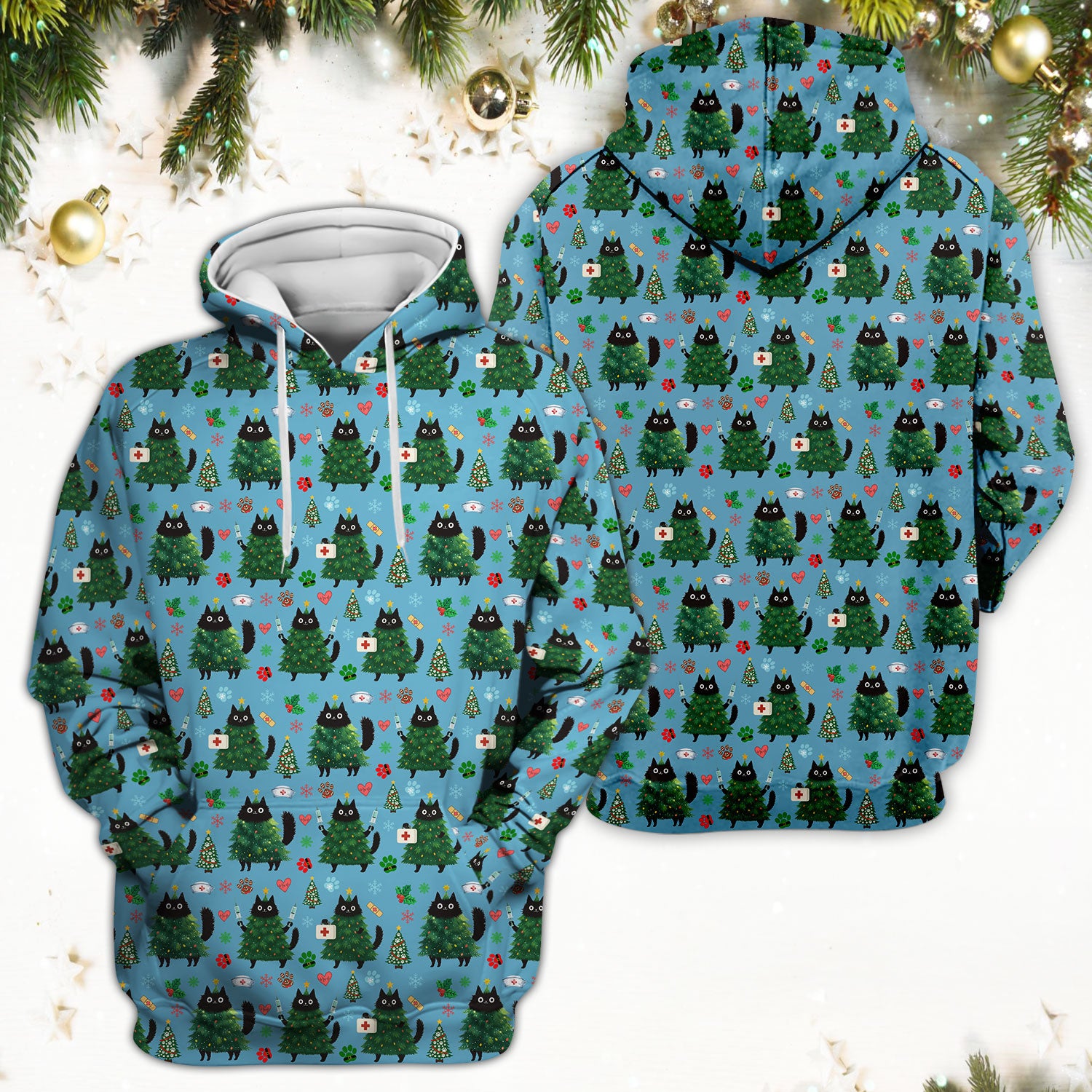Christmas Nurse Scrub Top, Xmas Black Cat Pattern Nurse Shirt,  Breathable Fabrics Nursing Uniform