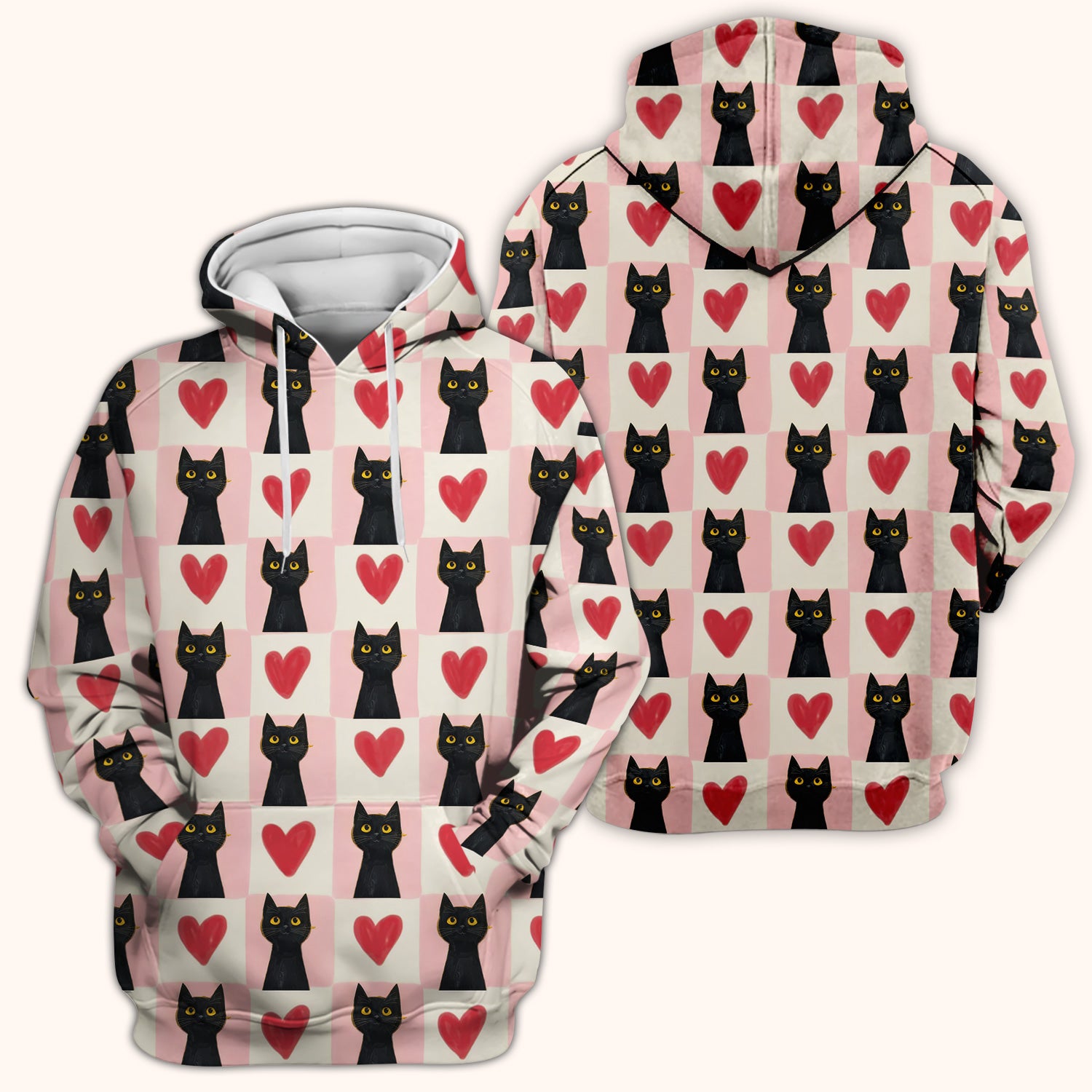 Cute Black Cat Heart Print V Neck Nursing Scrub Top, Comfortable Medical Uniform