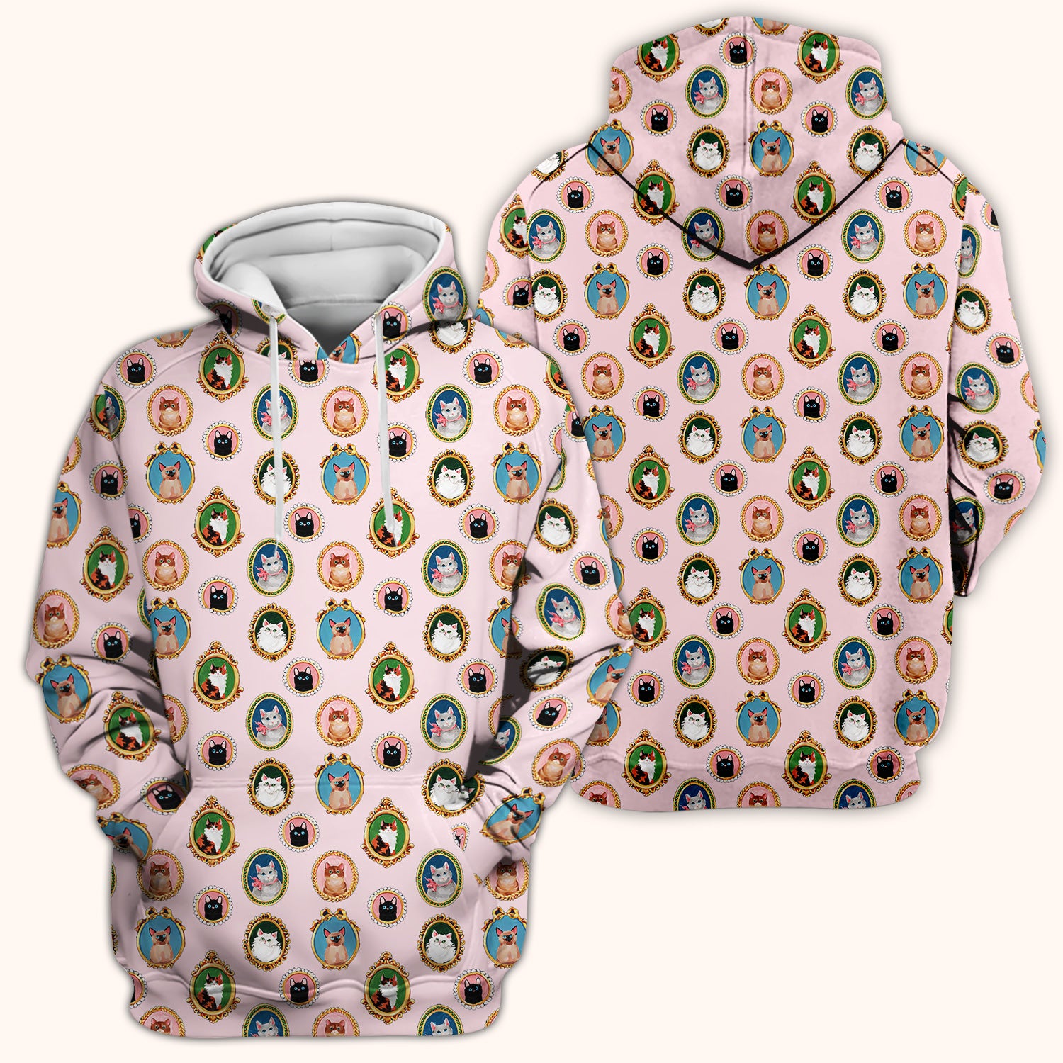 Vintage Cat Portrait Pattern Scrub Top, Breathable Medical Uniform Top