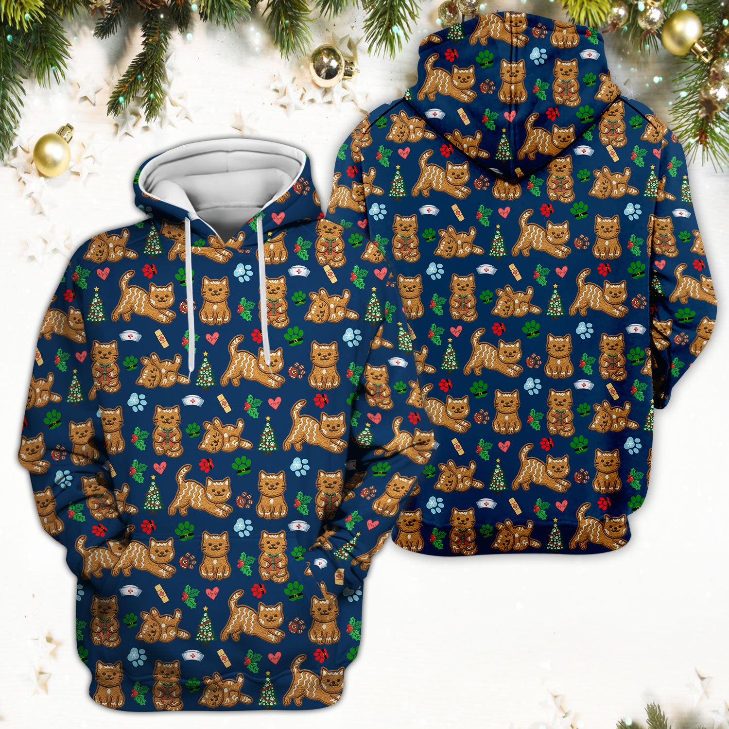 Gingerbread Cat Christmas Scrub Top, Cute Holiday Kitty Medical Uniform Shirt For Nursing, Festive Nurse Pattern
