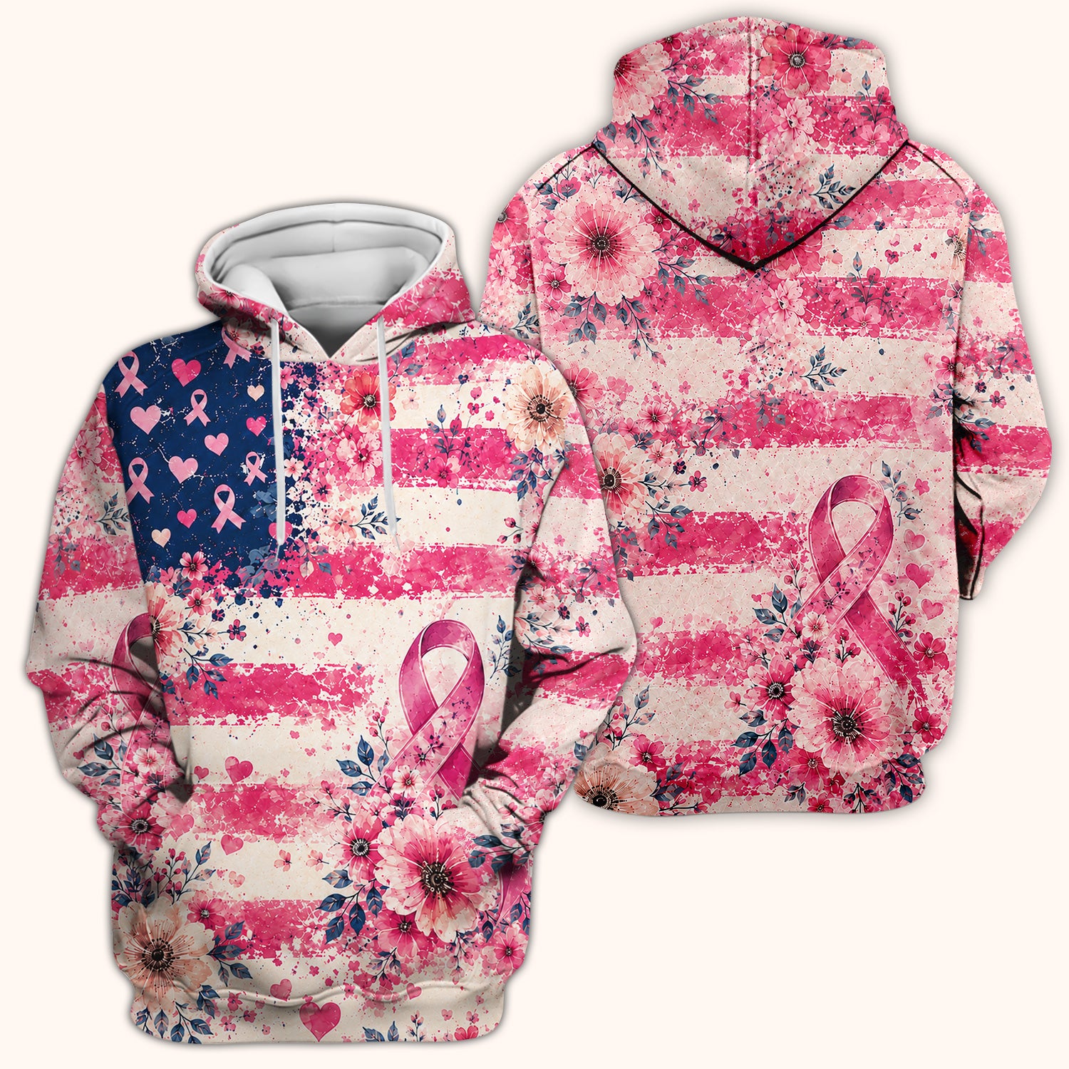 Breast Cancer Floral Flag Nurse Scrub Top for Oncology RN, Pink Ribbon Awareness Uniform
