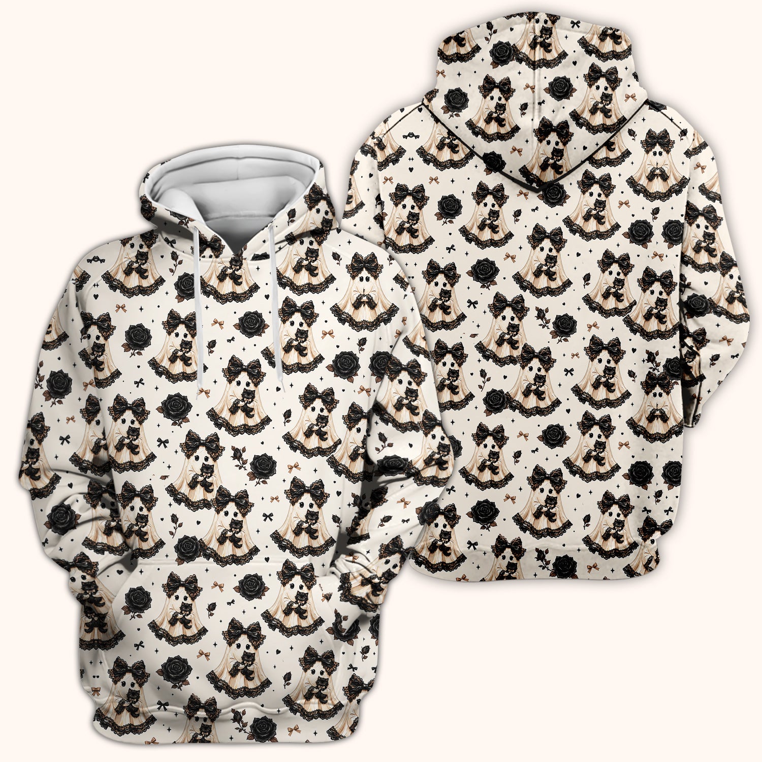 Halloween Ghost Black Cat Pattern Scrub Top, Comfortable Scrubs for Nurses