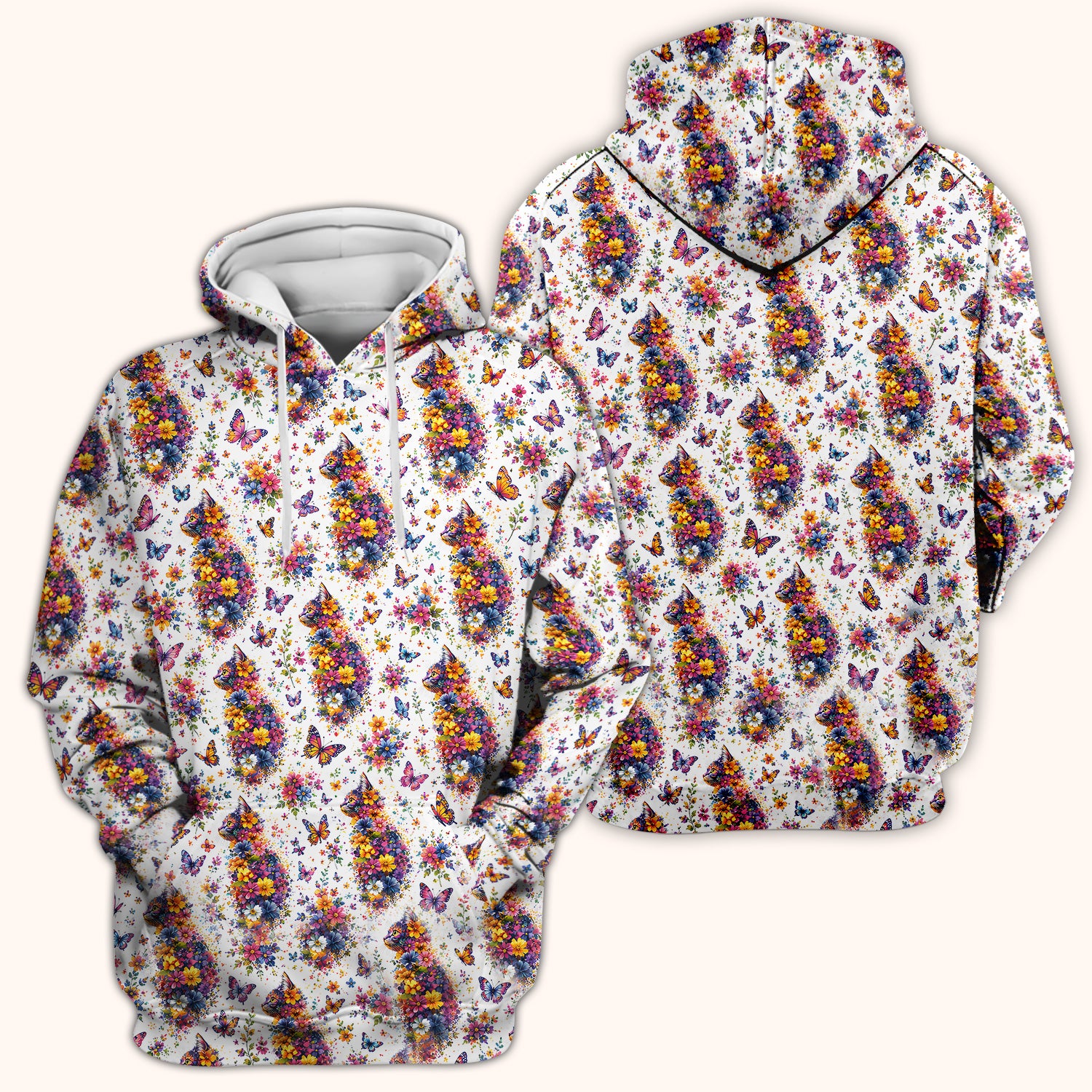 Cute Floral Cat With Butterfly Pattern Scrub Top, Comfortable Scrubs for Nurses