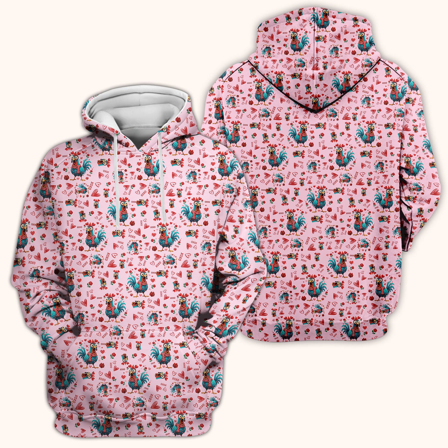 Funny Rooster Valentine Scrub Top, Cute Chicken XOXO Heart Pattern Nurse Shirt, Breathable Fabrics Nursing Uniform