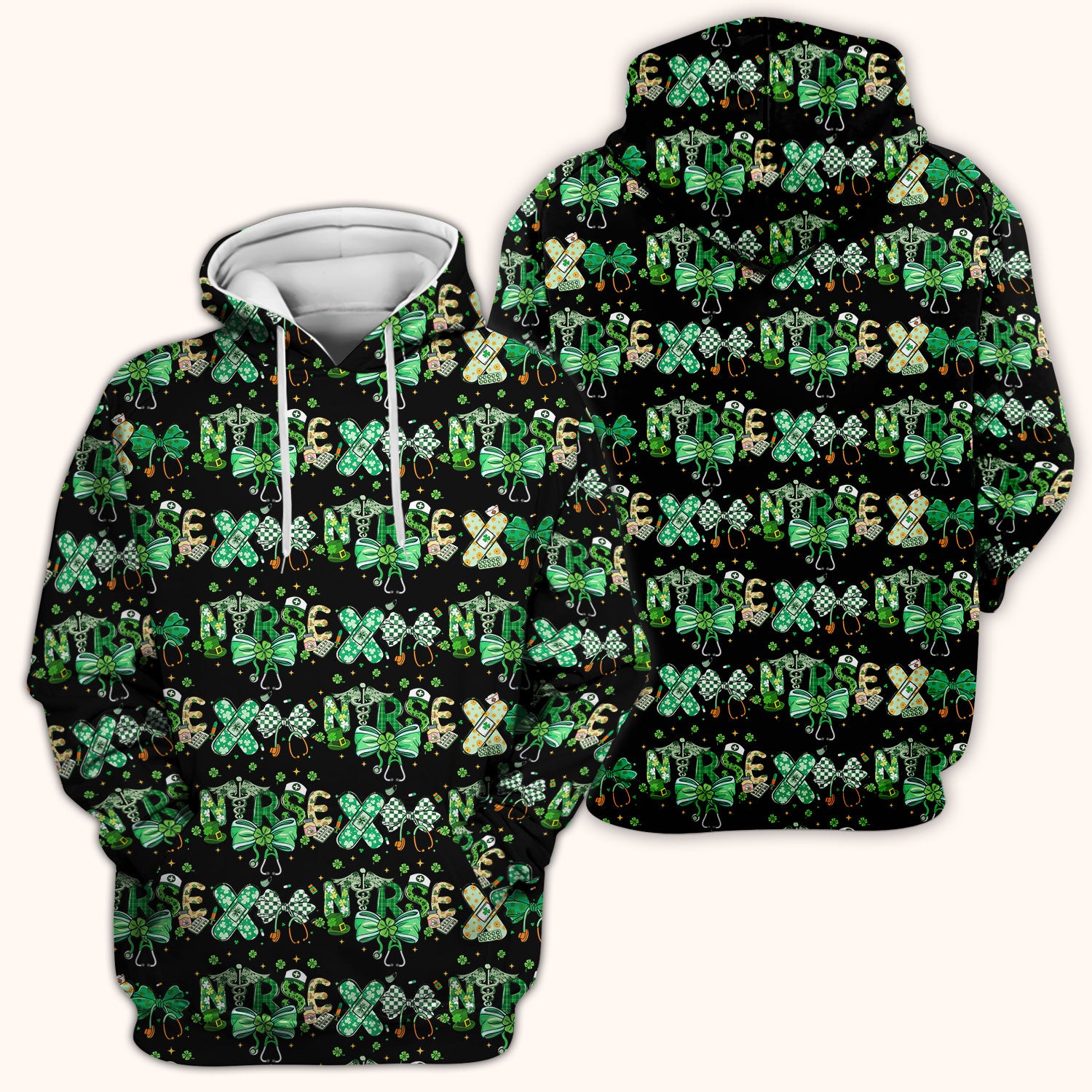 St. Patrick’s Nurse Scrub Top, Lucky Clover And Green Bow Pattern Nurse Shirt, Breathable Fabrics Nursing Uniform