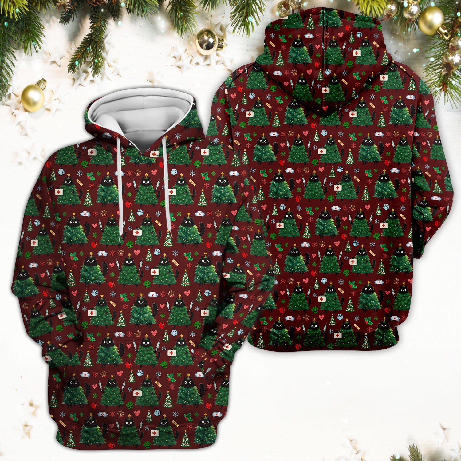 Christmas Nurse Scrub Top, Xmas Black Cat Pattern Nurse Shirt,  Breathable Fabrics Nursing Uniform
