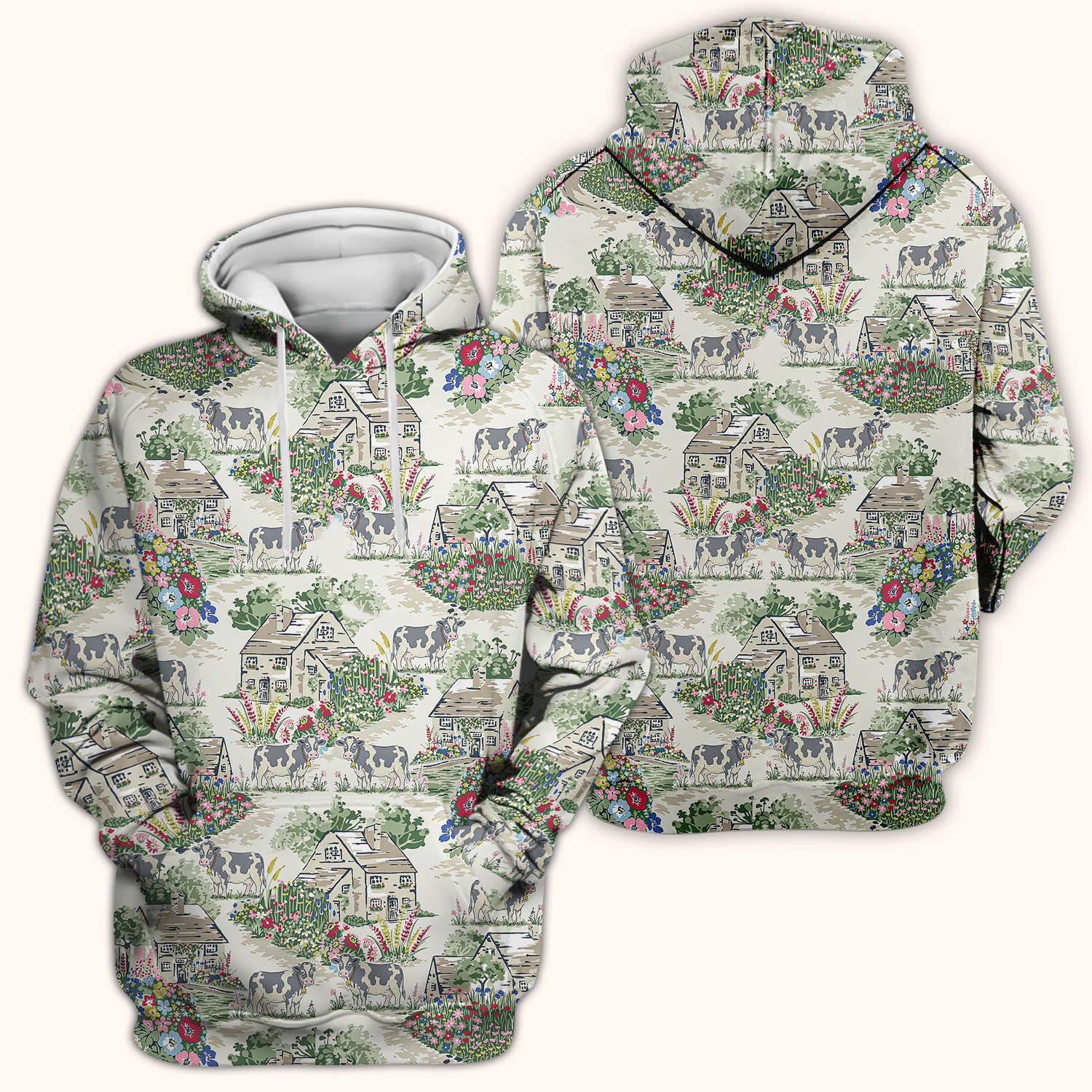 Charming Countryside Cows Cottage Garden Pattern Scrub Top, Comfortable Scrubs for Nurses