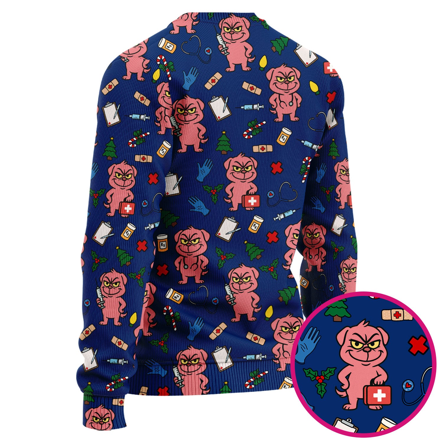 Christmas Scrub Set for Nurses - Funny Pink Dog Pattern - Holiday Nurse Scrubs with Tree, Bandage and Stethoscope Print