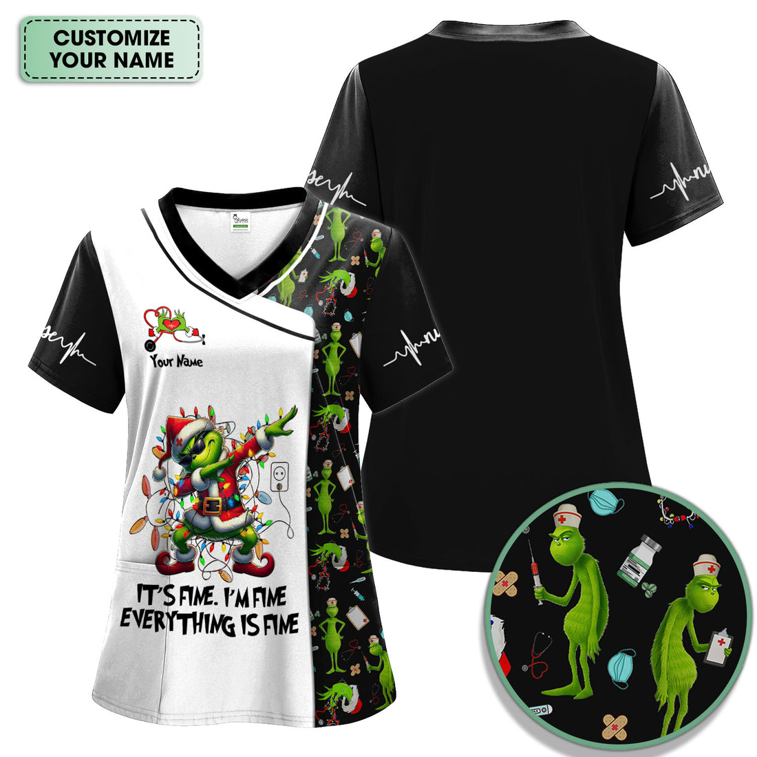 Funny Grinch Christmas Nurse Scrub - Everything Is Fine Shirt - Holiday Medical Uniform for Women - Xmas Gift for RN LPN CNA
